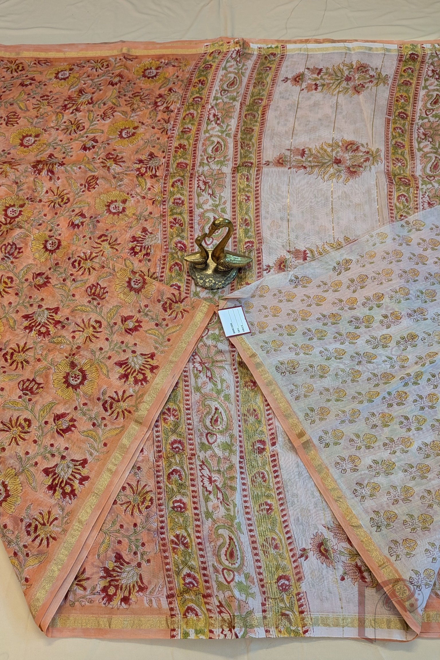 Chanderi Charisma - Light Orange Chanderi Cotton Silk Saree with All-Over Floral Print, White Pallu with Mango Motifs - Image 3