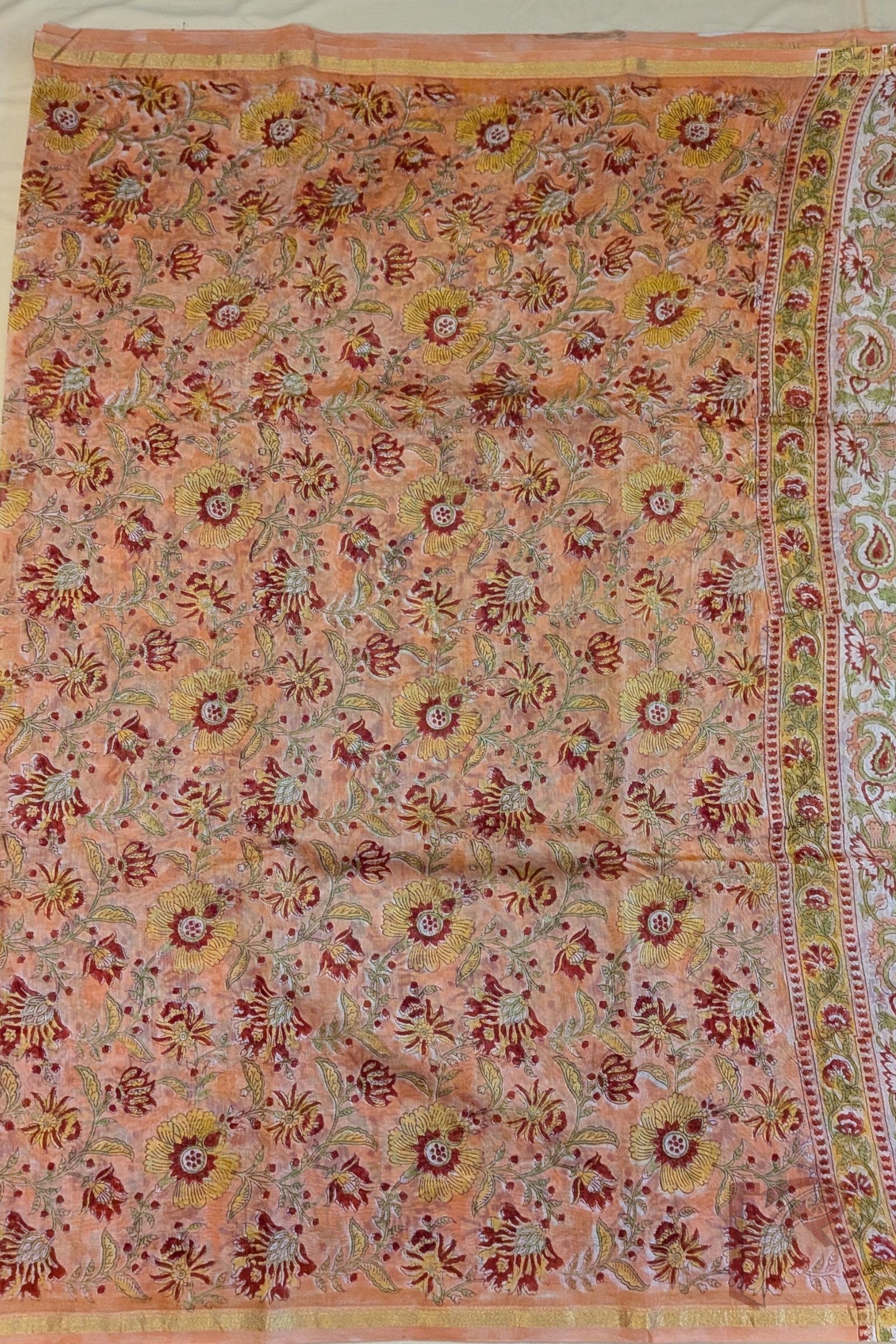 Chanderi Charisma - Light Orange Chanderi Cotton Silk Saree with All-Over Floral Print, White Pallu with Mango Motifs - Image 4