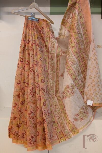 Chanderi Charisma - Light Orange Chanderi Cotton Silk Saree with All-Over Floral Print, White Pallu with Mango Motifs
