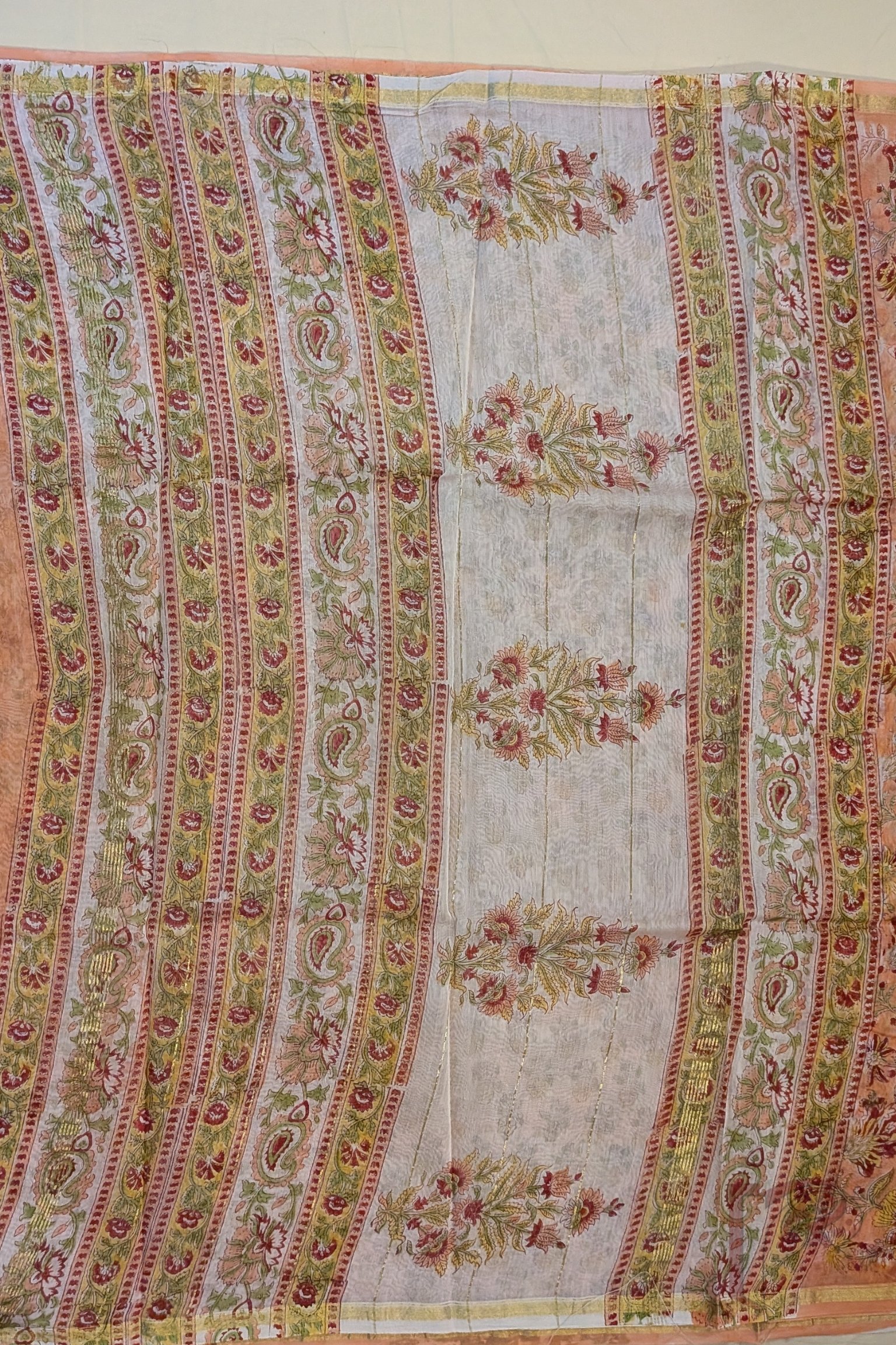 Chanderi Charisma - Light Orange Chanderi Cotton Silk Saree with All-Over Floral Print, White Pallu with Mango Motifs - Image 5