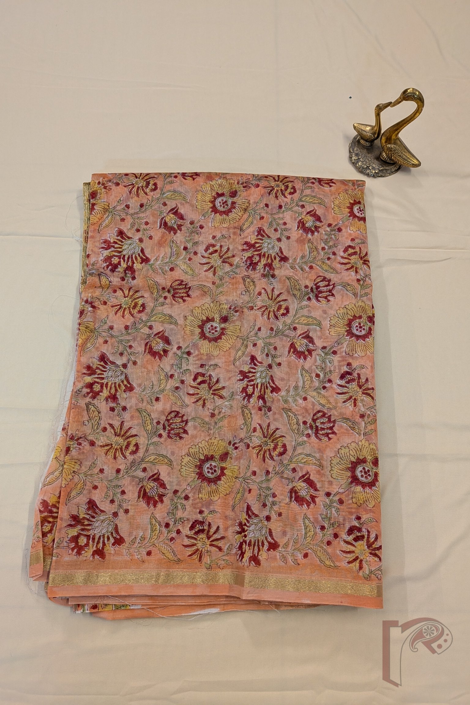 Chanderi Charisma - Light Orange Chanderi Cotton Silk Saree with All-Over Floral Print, White Pallu with Mango Motifs - Image 6