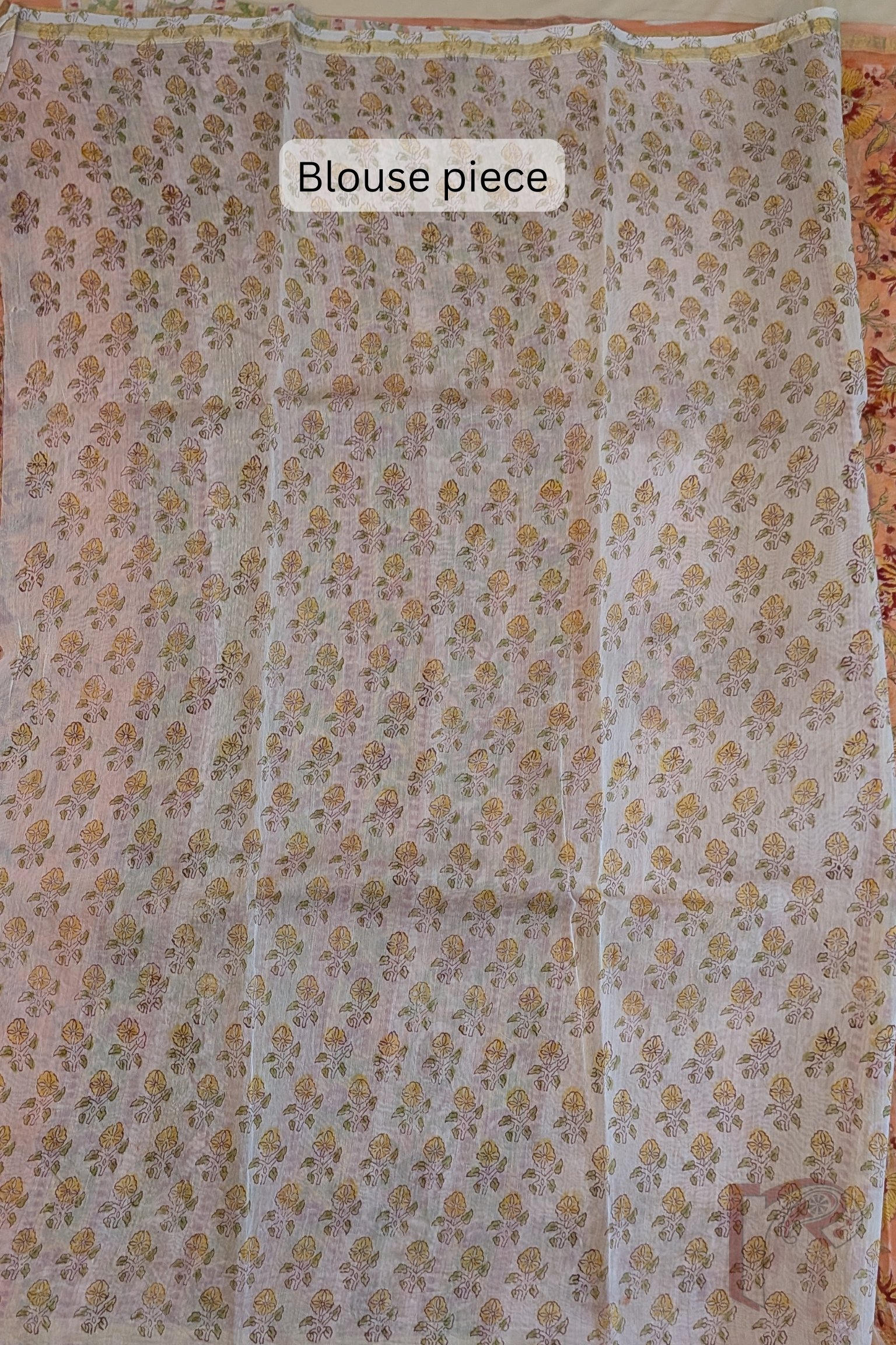 Chanderi Charisma - Light Orange Chanderi Cotton Silk Saree with All-Over Floral Print, White Pallu with Mango Motifs - Image 7