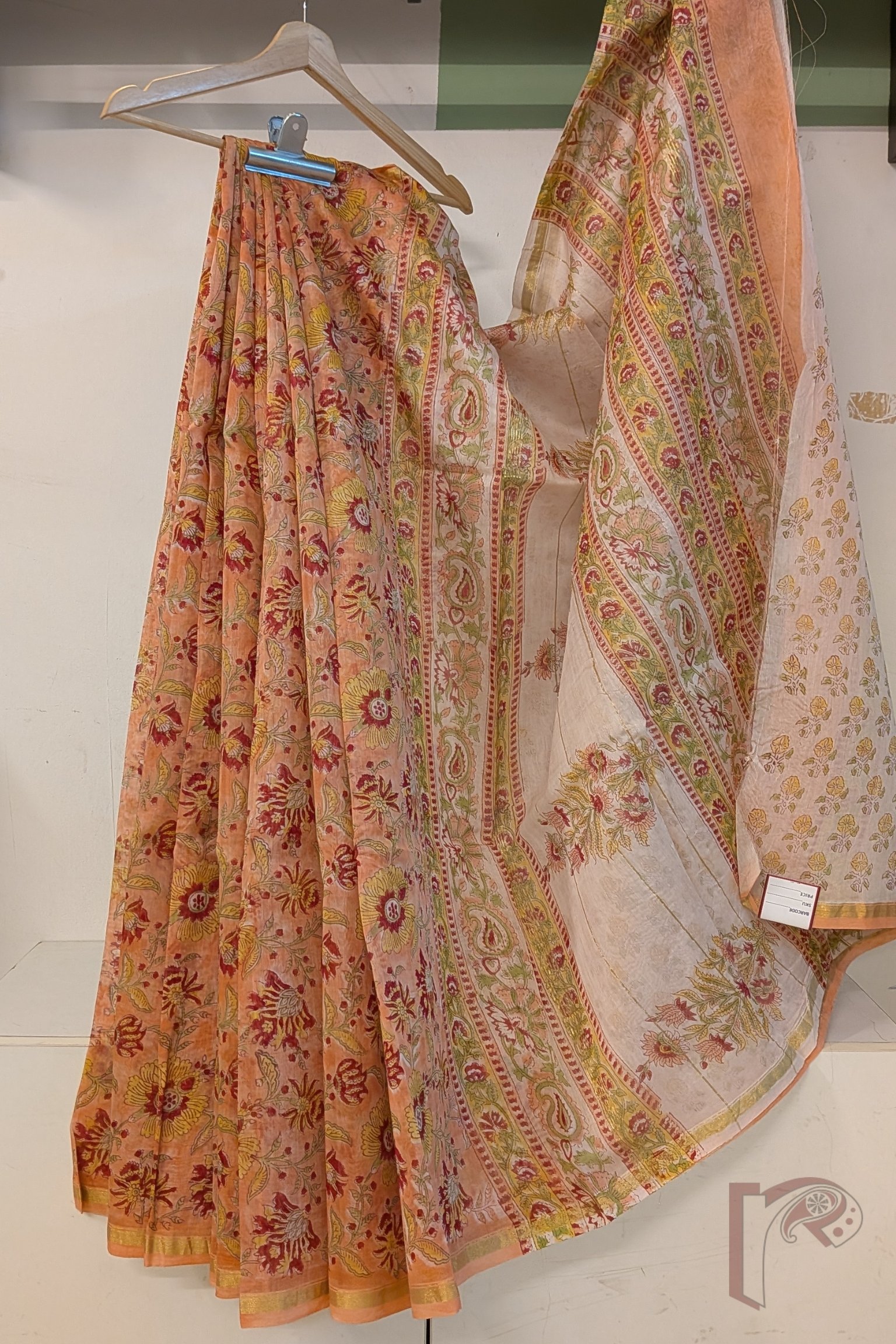 Chanderi Charisma - Light Orange Chanderi Cotton Silk Saree with All-Over Floral Print, White Pallu with Mango Motifs