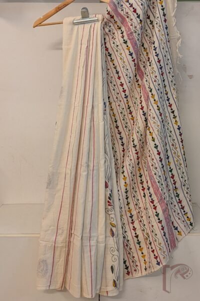 Khesh Katha: Offwhite Khesh Cotton Saree with Multicolour Floral Stem Motifs and Diamond–Circle–Triangle Kantha Embroidery
