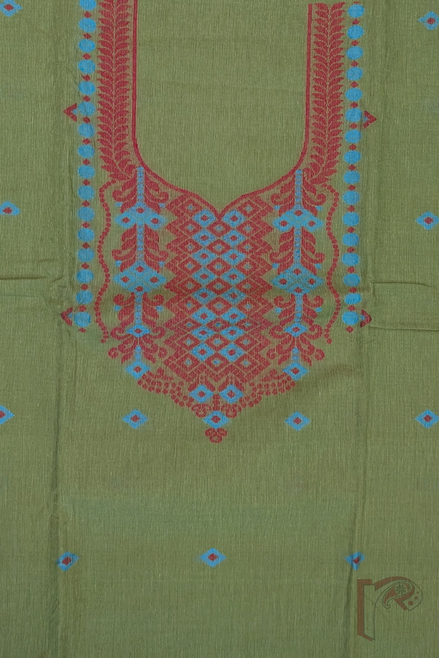 Suit Stories – Mehendi Green and Maroon Cotton Jamdani Suit Set with Diamond Motif Dupatta - Image 6