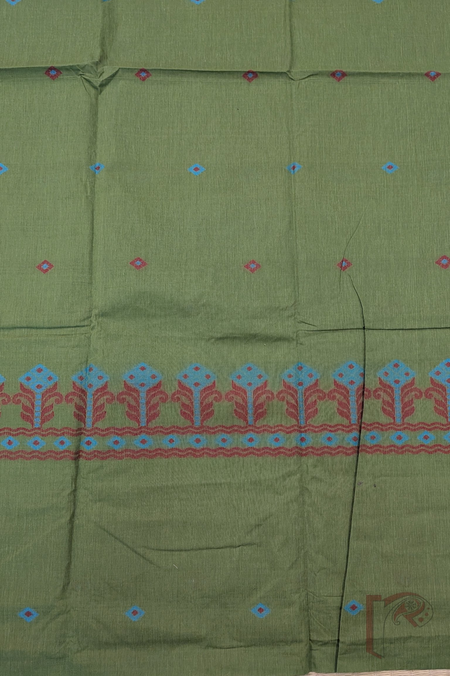 Suit Stories – Mehendi Green and Maroon Cotton Jamdani Suit Set with Diamond Motif Dupatta - Image 7