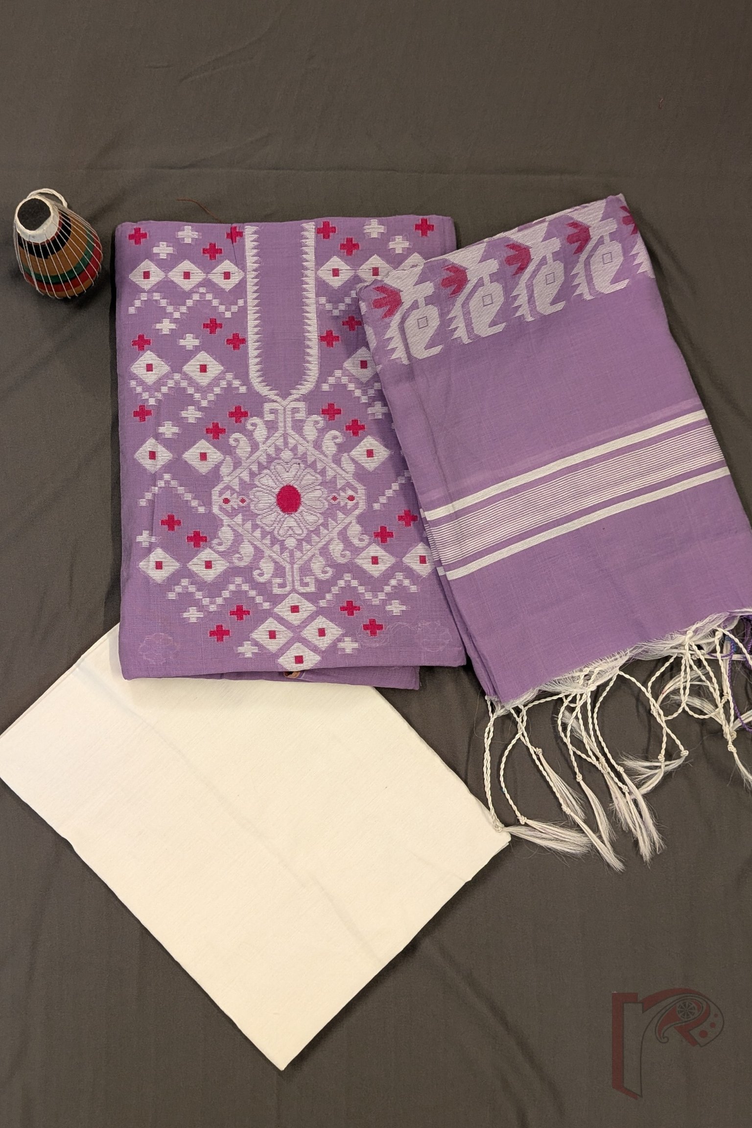 Suit Stories – Lavender and Offwhite Cotton Jamdani Suit Set with Red Accent Motifs - Image 2