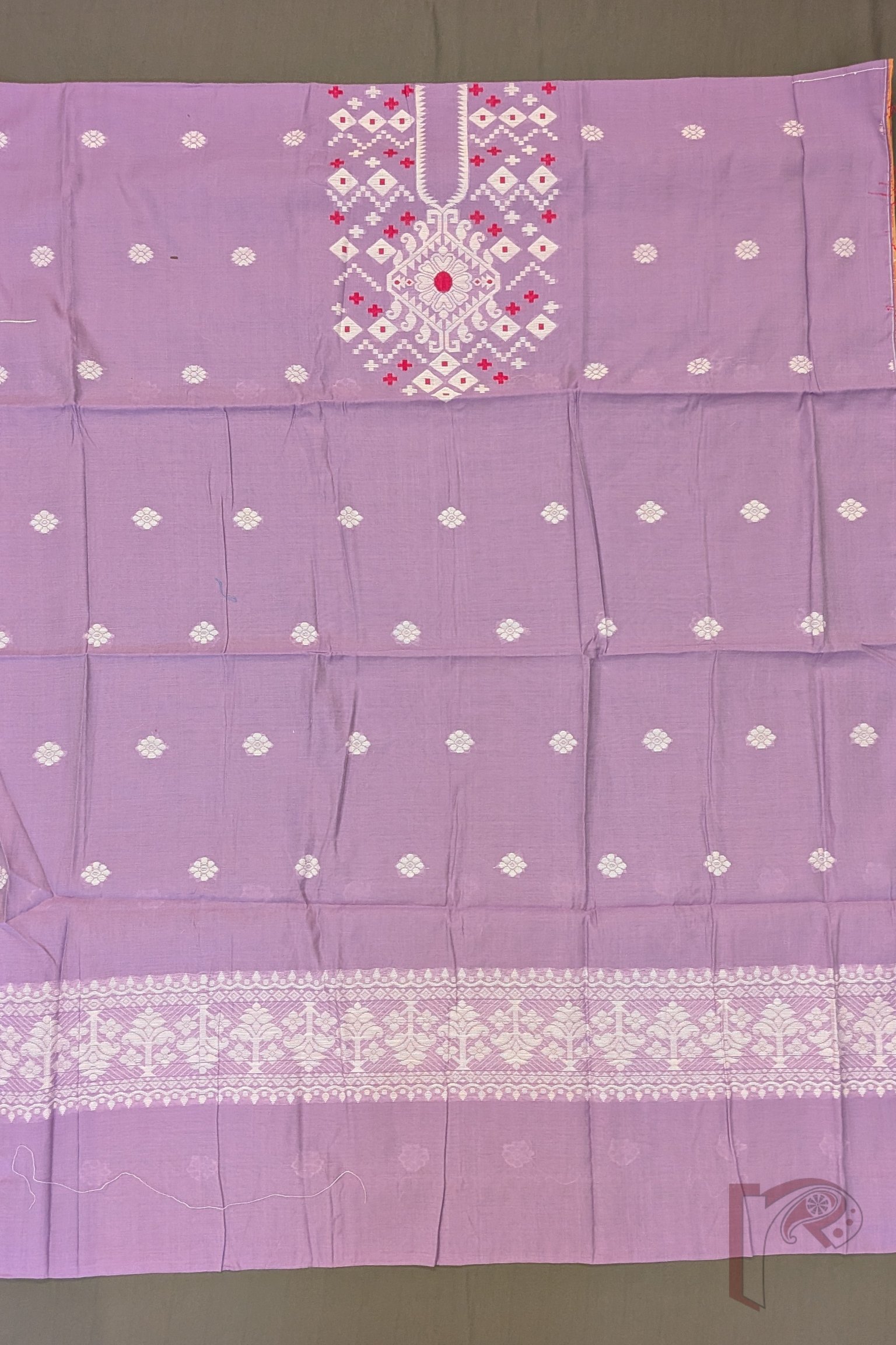 Suit Stories – Lavender and Offwhite Cotton Jamdani Suit Set with Red Accent Motifs - Image 3
