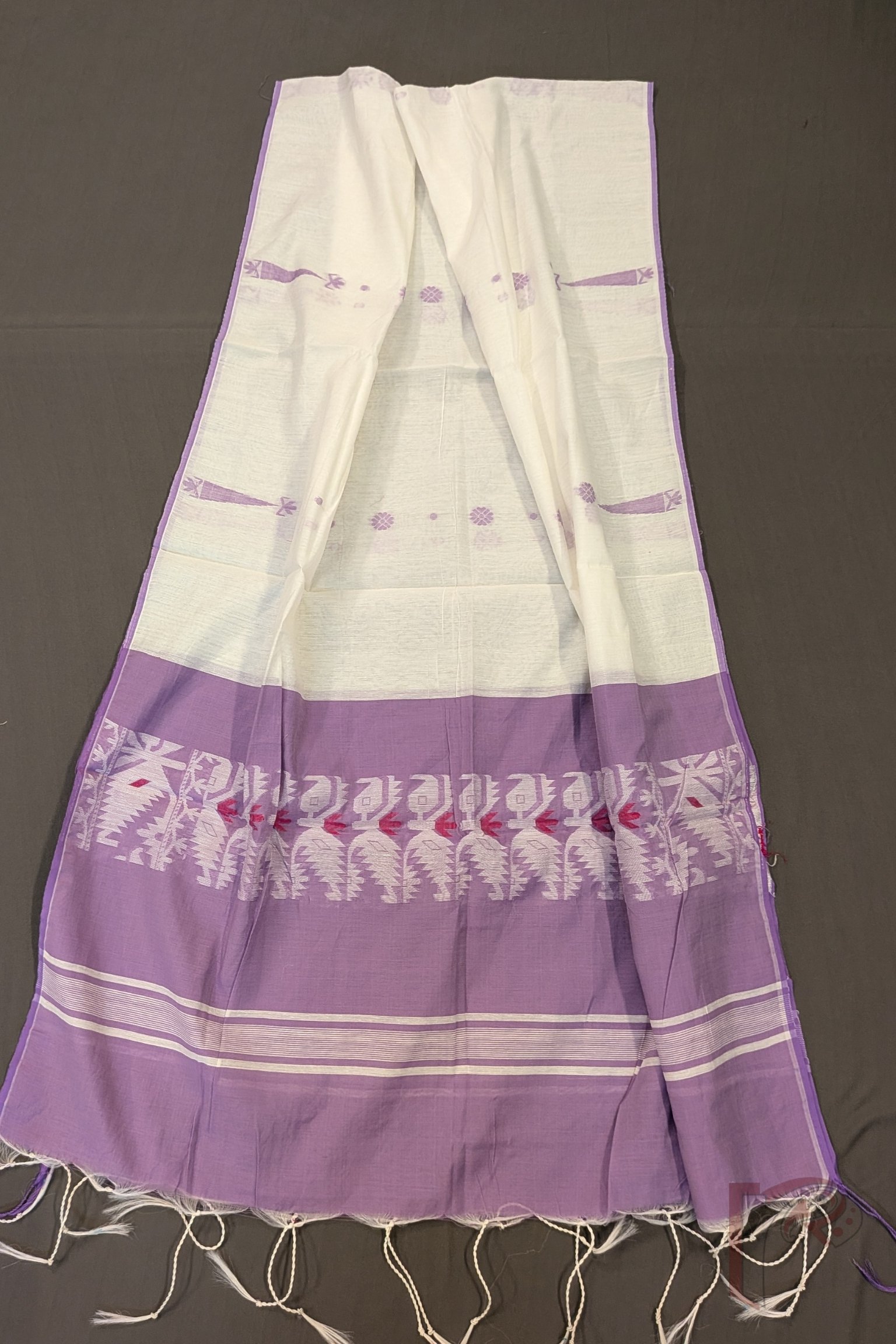 Suit Stories – Lavender and Offwhite Cotton Jamdani Suit Set with Red Accent Motifs - Image 5