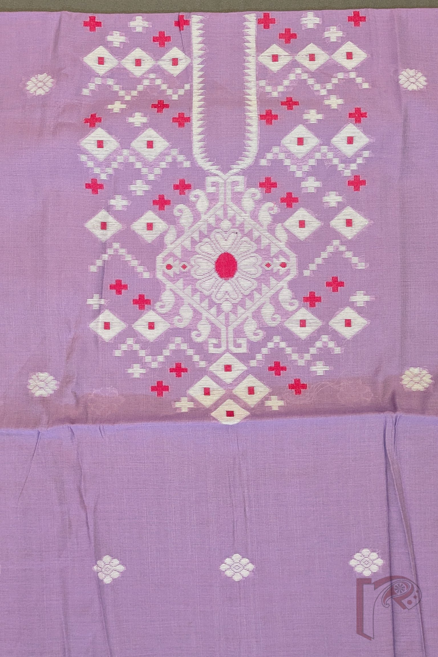 Suit Stories – Lavender and Offwhite Cotton Jamdani Suit Set with Red Accent Motifs - Image 6