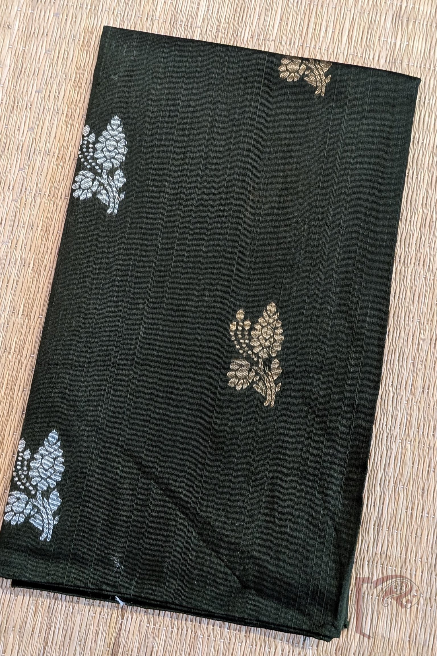 Dark Bottle Green Raw Silk Unstitched Blouse Piece with Gold and Silver Flower and Leaf Motifs - Image 2