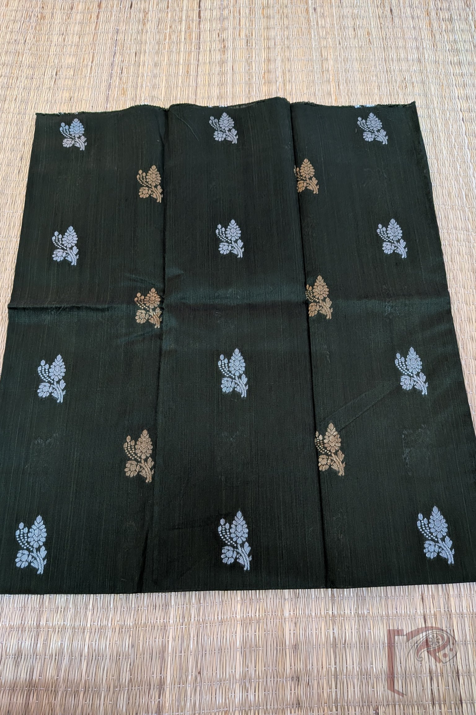 Dark Bottle Green Raw Silk Unstitched Blouse Piece with Gold and Silver Flower and Leaf Motifs - Image 3