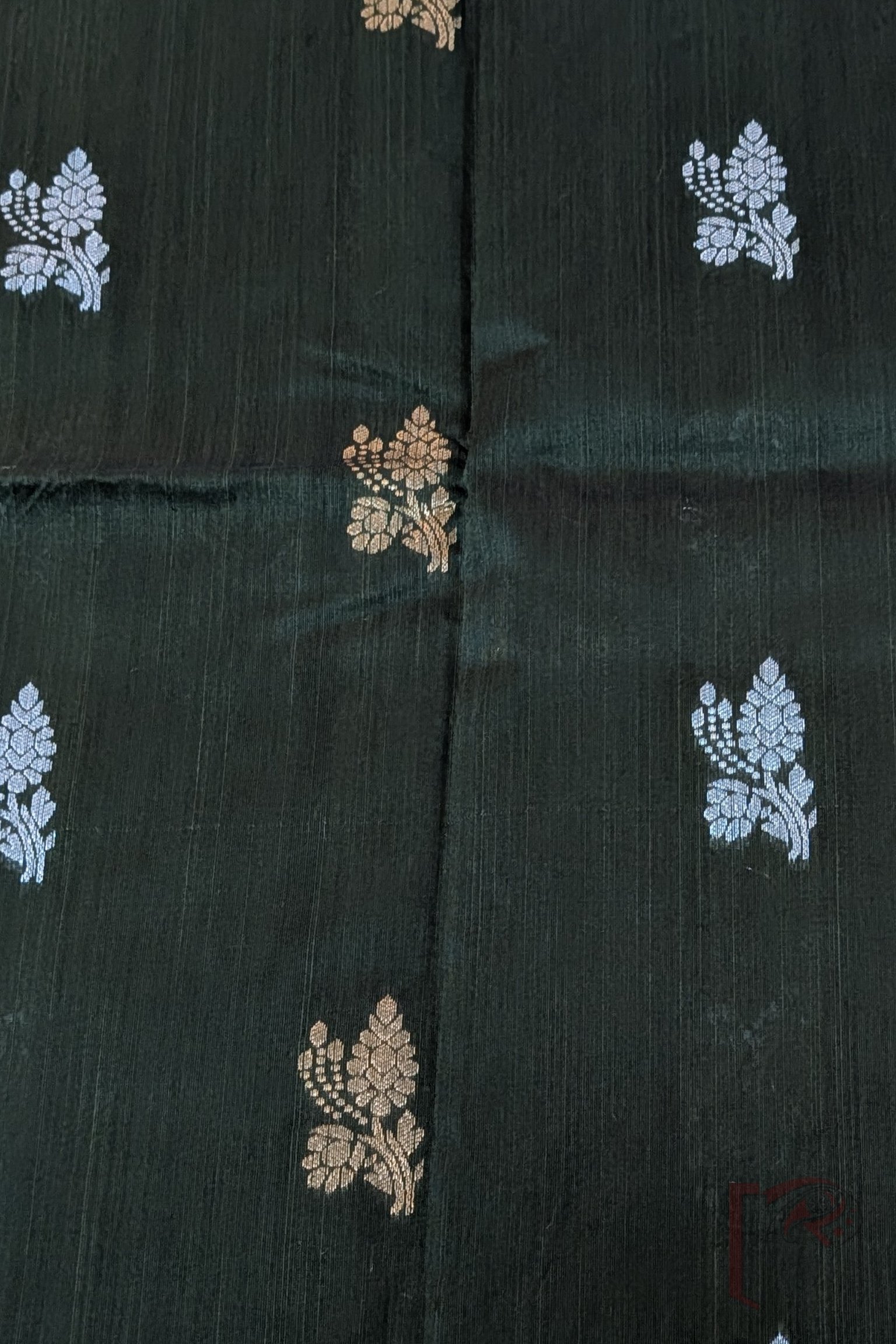 Dark Bottle Green Raw Silk Unstitched Blouse Piece with Gold and Silver Flower and Leaf Motifs - Image 4