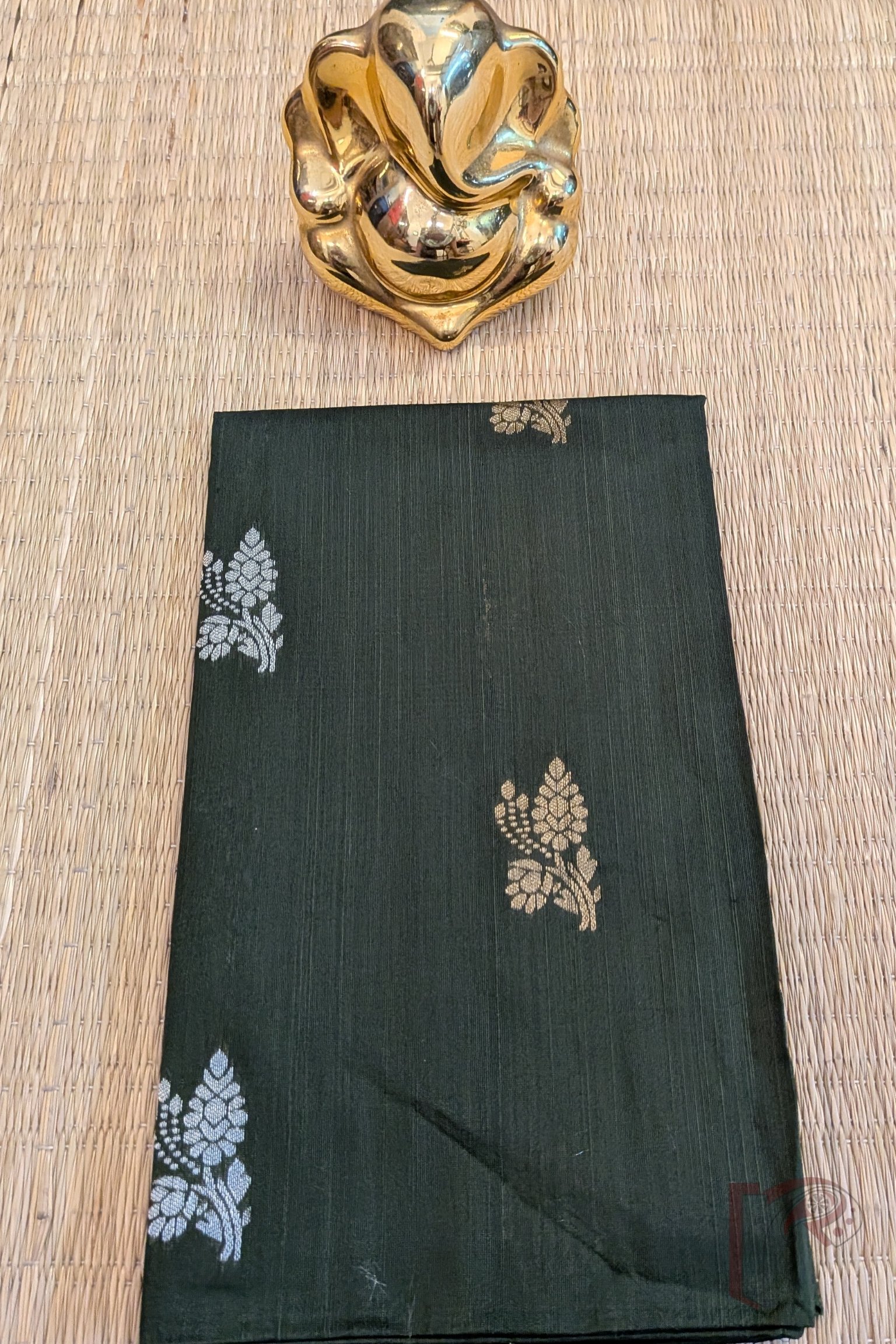 Dark Bottle Green Raw Silk Unstitched Blouse Piece with Gold and Silver Flower and Leaf Motifs