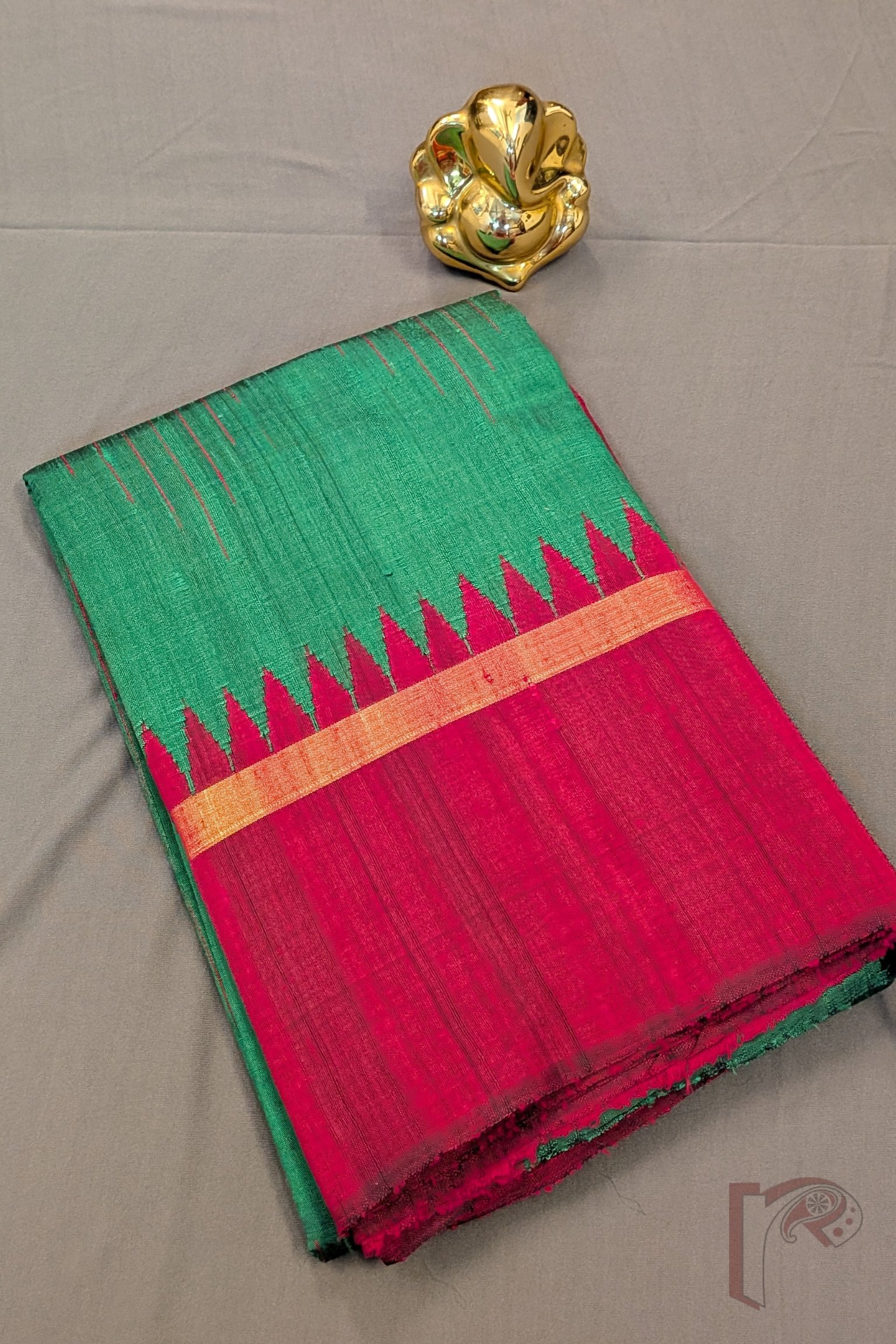 Tussar Tales - Green Raw Silk Tussar Saree with Reddish Pink Temple Border and Gold Zari Pallu - Image 10