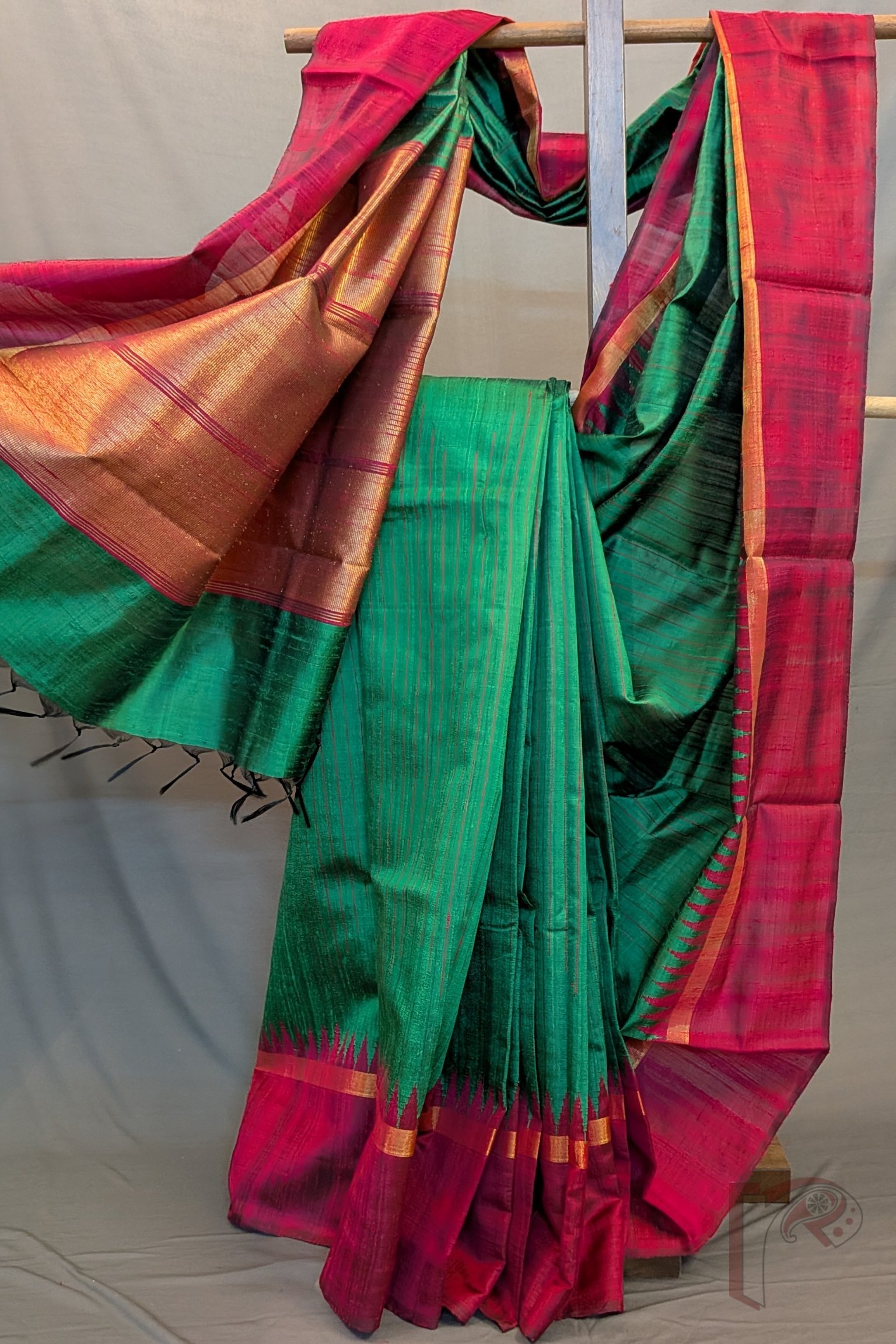 Tussar Tales - Green Raw Silk Tussar Saree with Reddish Pink Temple Border and Gold Zari Pallu - Image 2