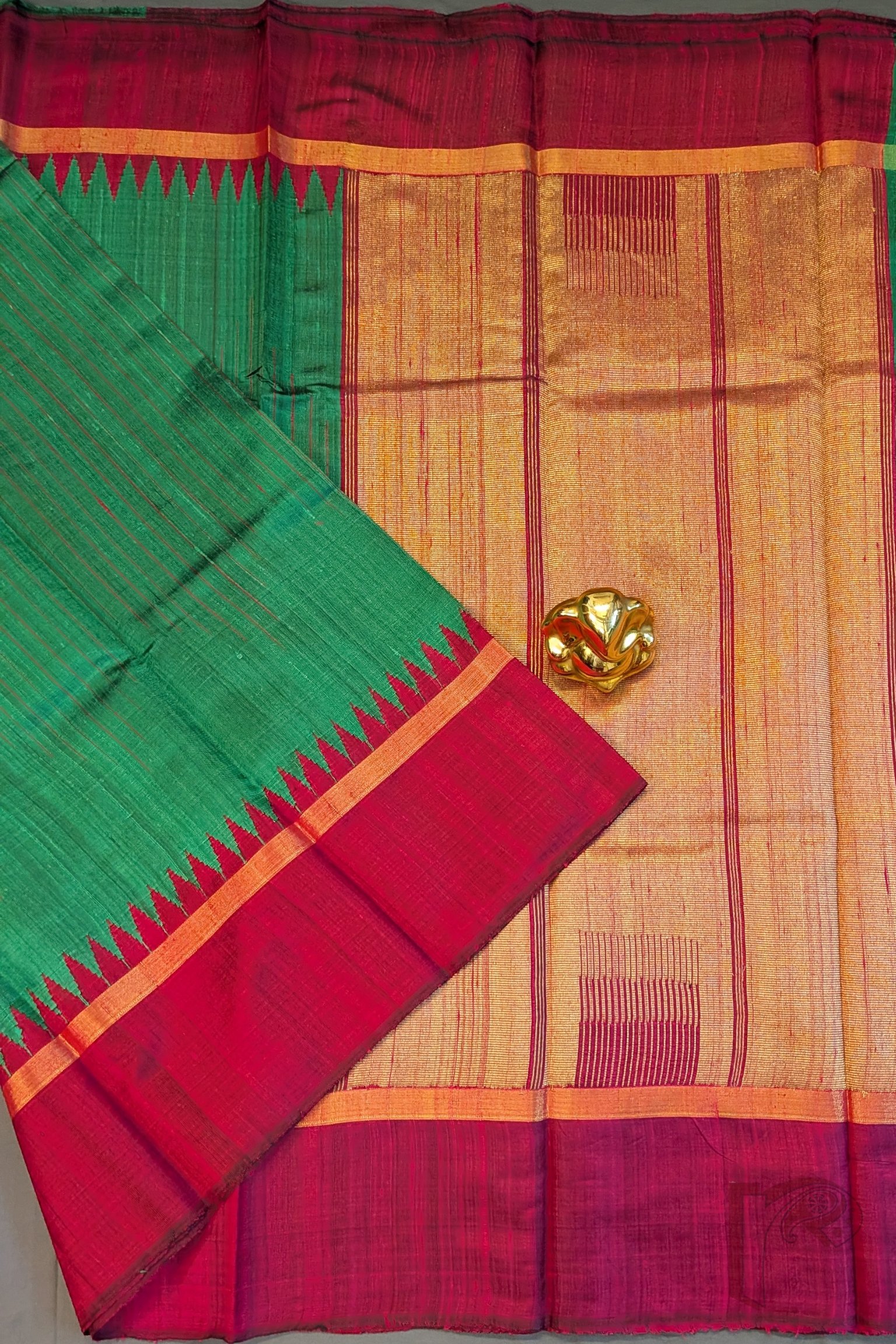 Tussar Tales - Green Raw Silk Tussar Saree with Reddish Pink Temple Border and Gold Zari Pallu - Image 3