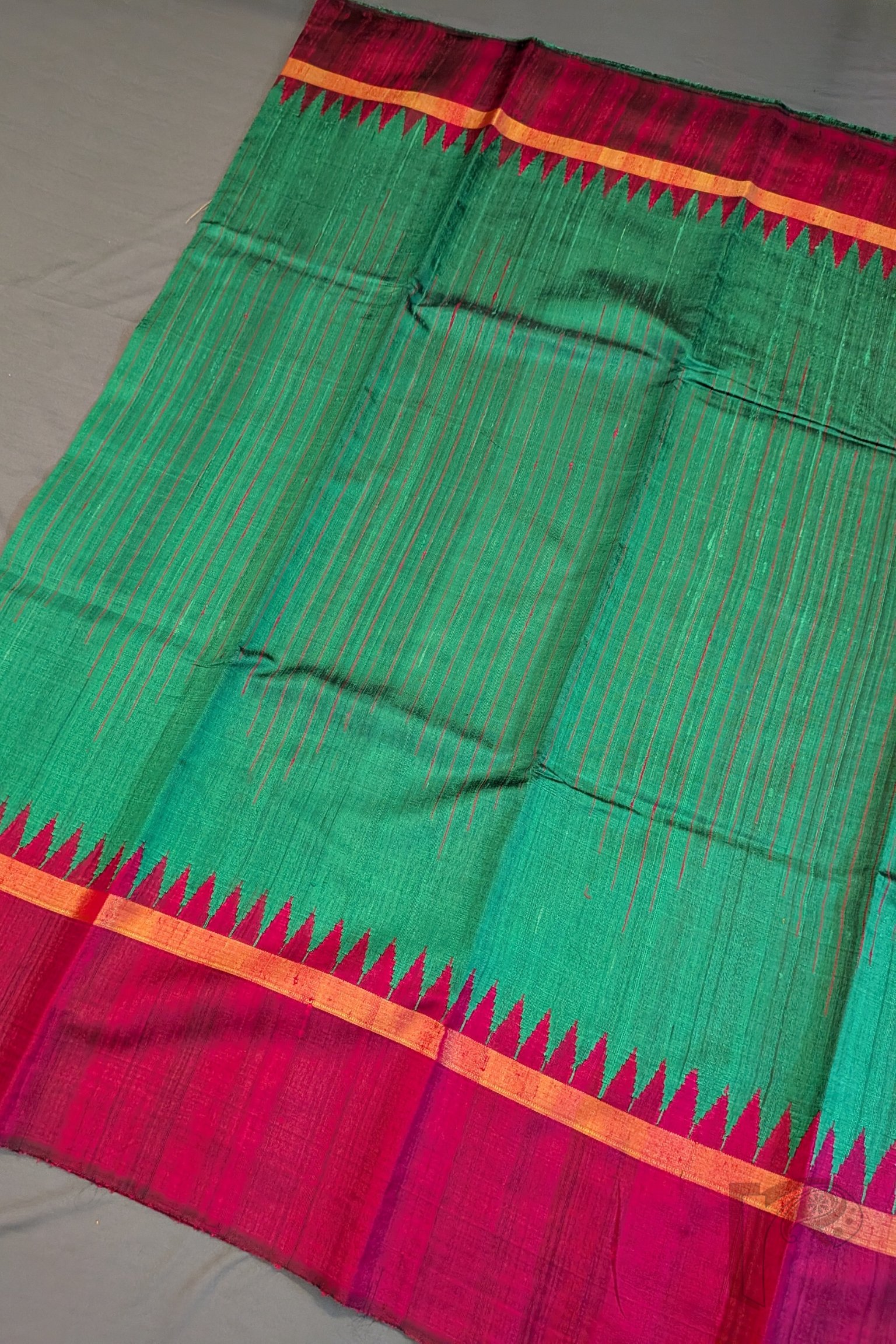 Tussar Tales - Green Raw Silk Tussar Saree with Reddish Pink Temple Border and Gold Zari Pallu - Image 6