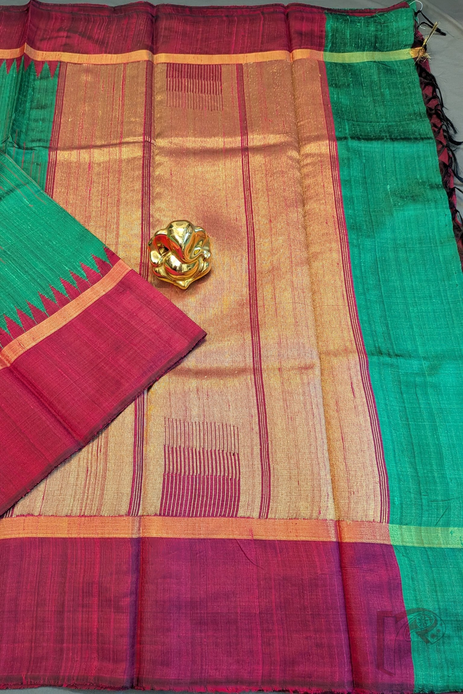 Tussar Tales - Green Raw Silk Tussar Saree with Reddish Pink Temple Border and Gold Zari Pallu - Image 7
