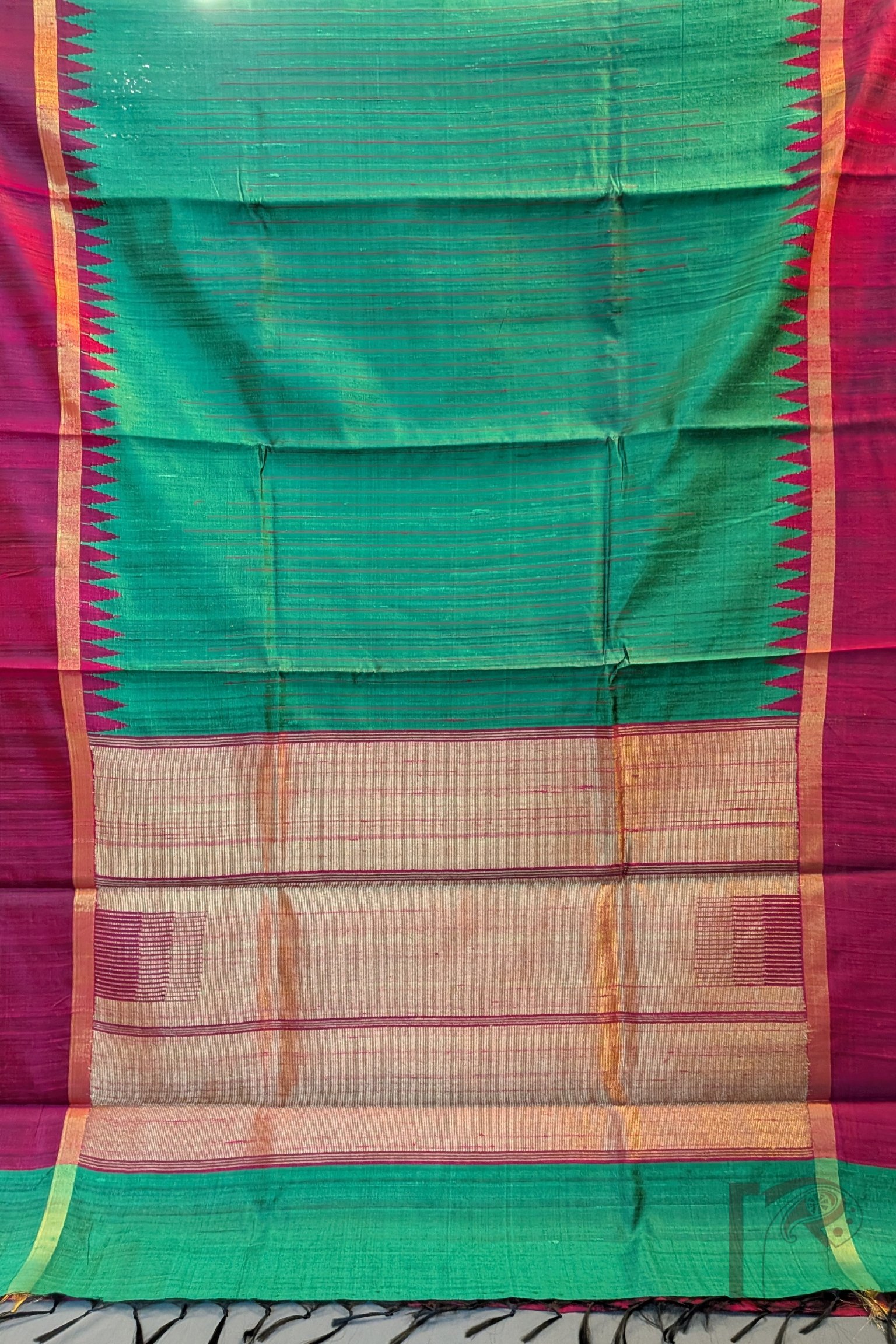 Tussar Tales - Green Raw Silk Tussar Saree with Reddish Pink Temple Border and Gold Zari Pallu - Image 8