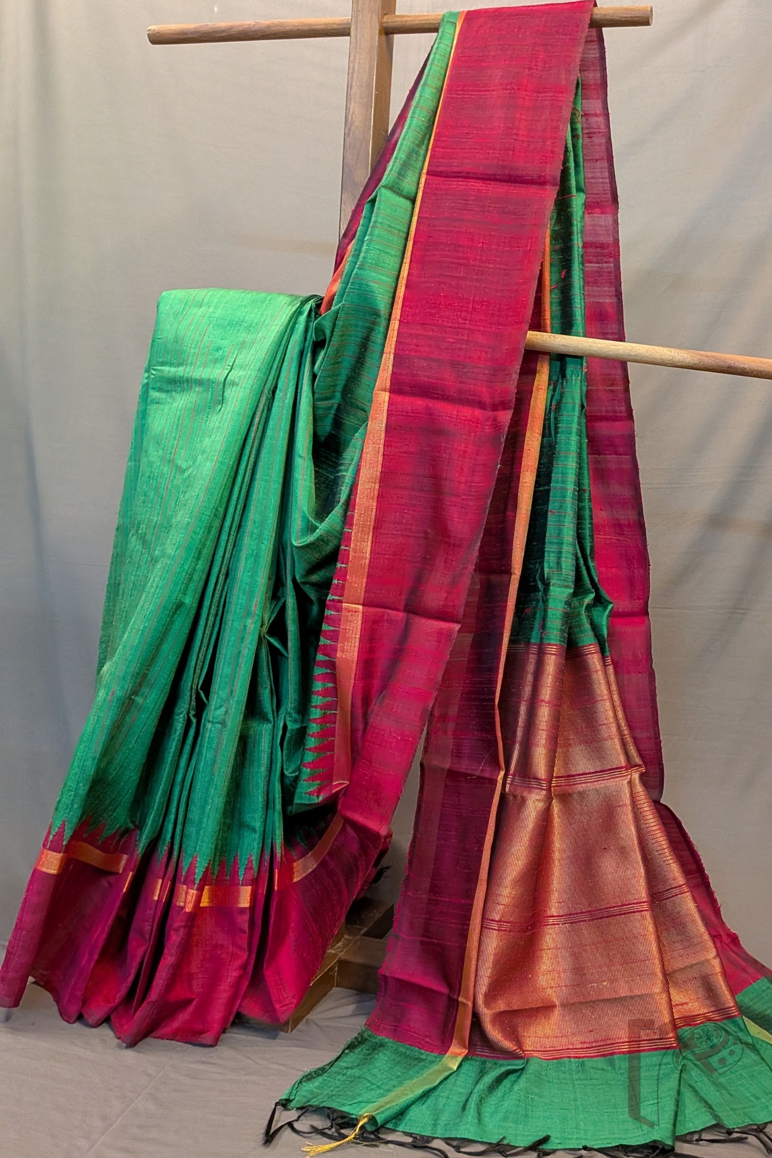 Tussar Tales - Green Raw Silk Tussar Saree with Reddish Pink Temple Border and Gold Zari Pallu