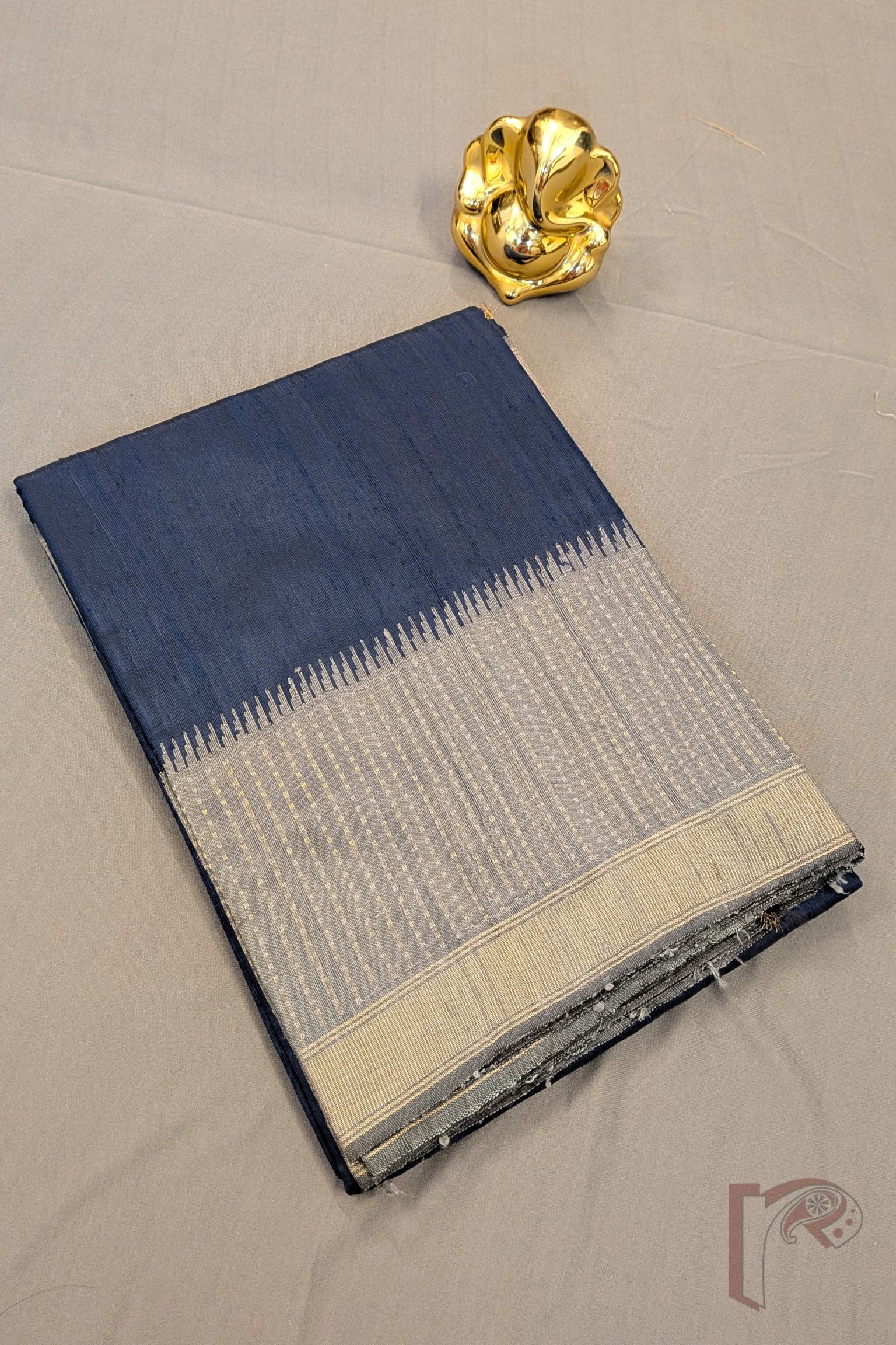 Tussar Tales - Blue Raw Silk Tussar Saree with Grey Border, Gold Booti Weave and Zari Wave Pallu - Image 10