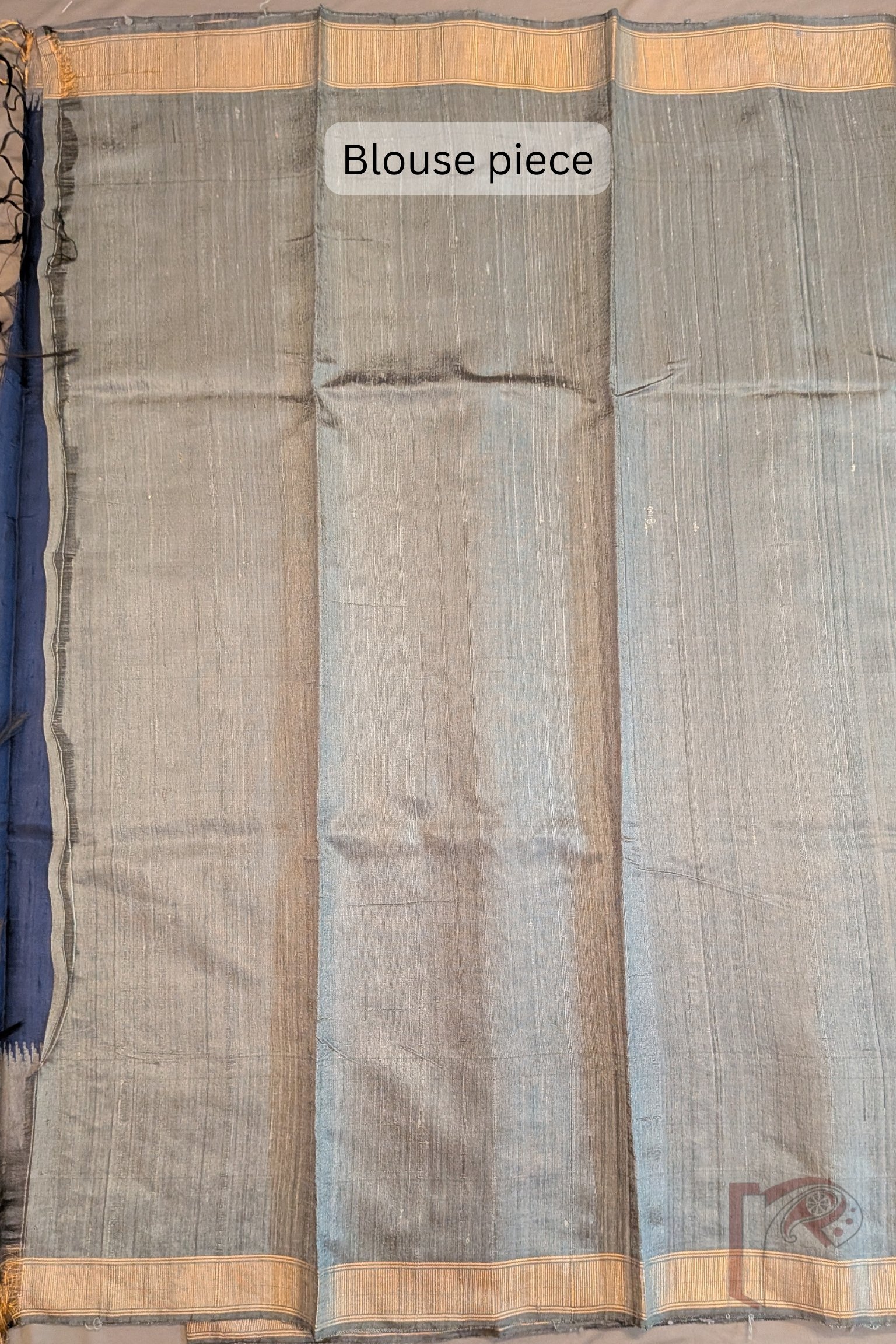 Tussar Tales - Blue Raw Silk Tussar Saree with Grey Border, Gold Booti Weave and Zari Wave Pallu - Image 11
