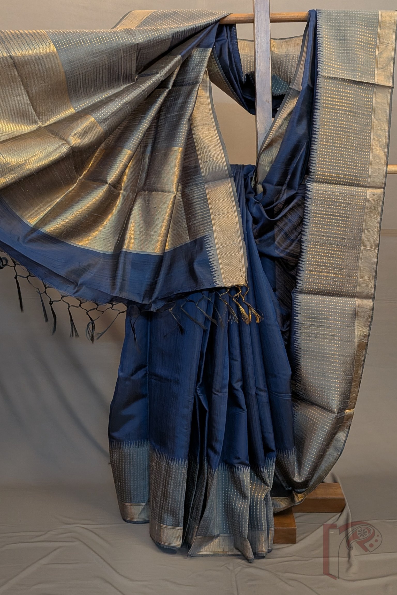 Tussar Tales - Blue Raw Silk Tussar Saree with Grey Border, Gold Booti Weave and Zari Wave Pallu - Image 2
