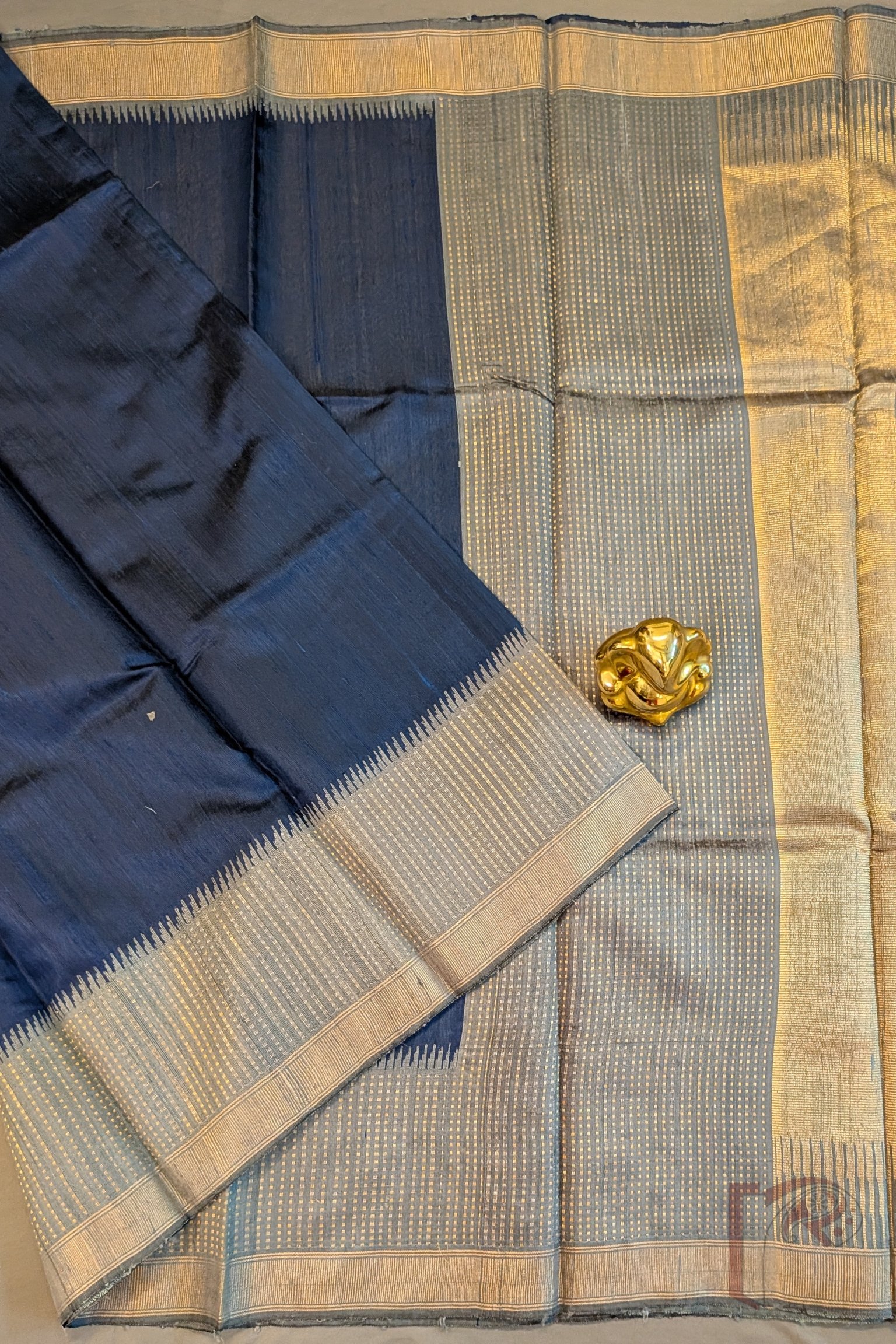 Tussar Tales - Blue Raw Silk Tussar Saree with Grey Border, Gold Booti Weave and Zari Wave Pallu - Image 3