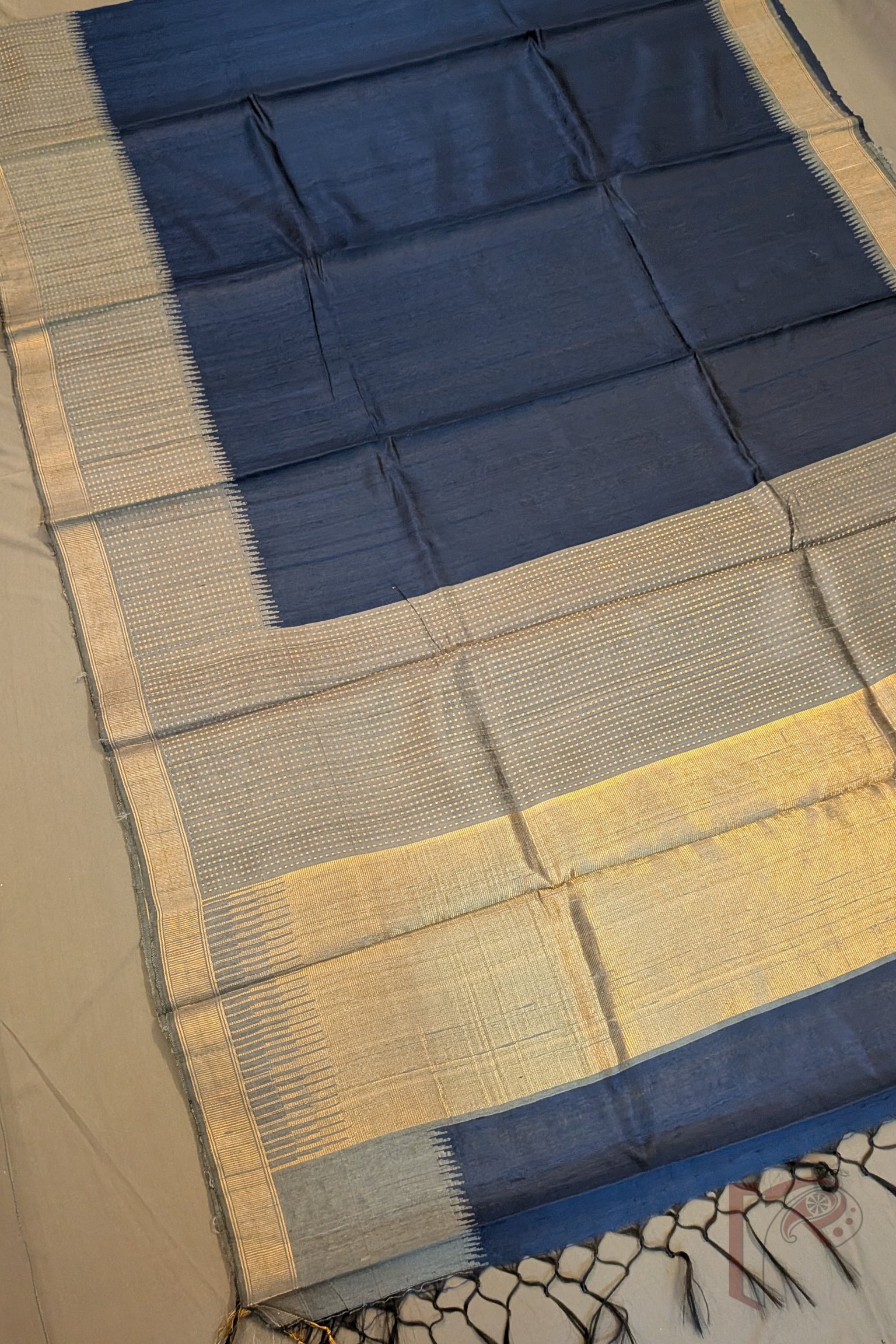 Tussar Tales - Blue Raw Silk Tussar Saree with Grey Border, Gold Booti Weave and Zari Wave Pallu - Image 4