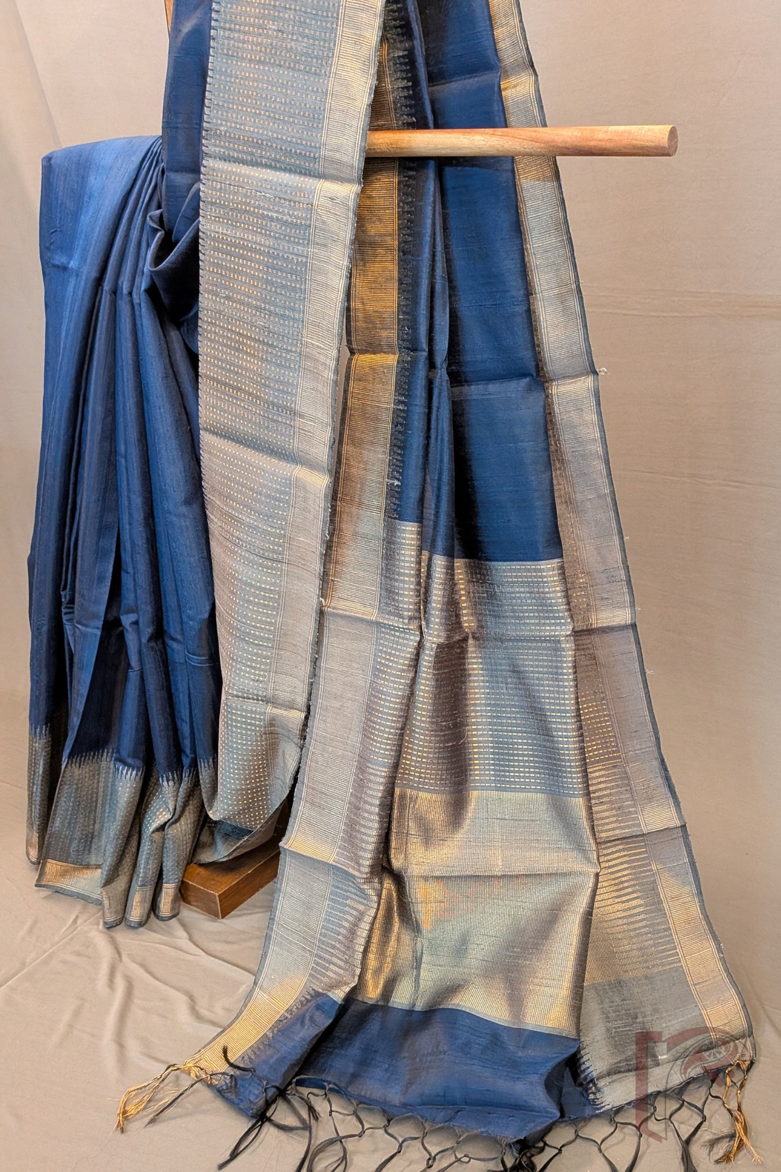 Tussar Tales - Blue Raw Silk Tussar Saree with Grey Border, Gold Booti Weave and Zari Wave Pallu - Image 5