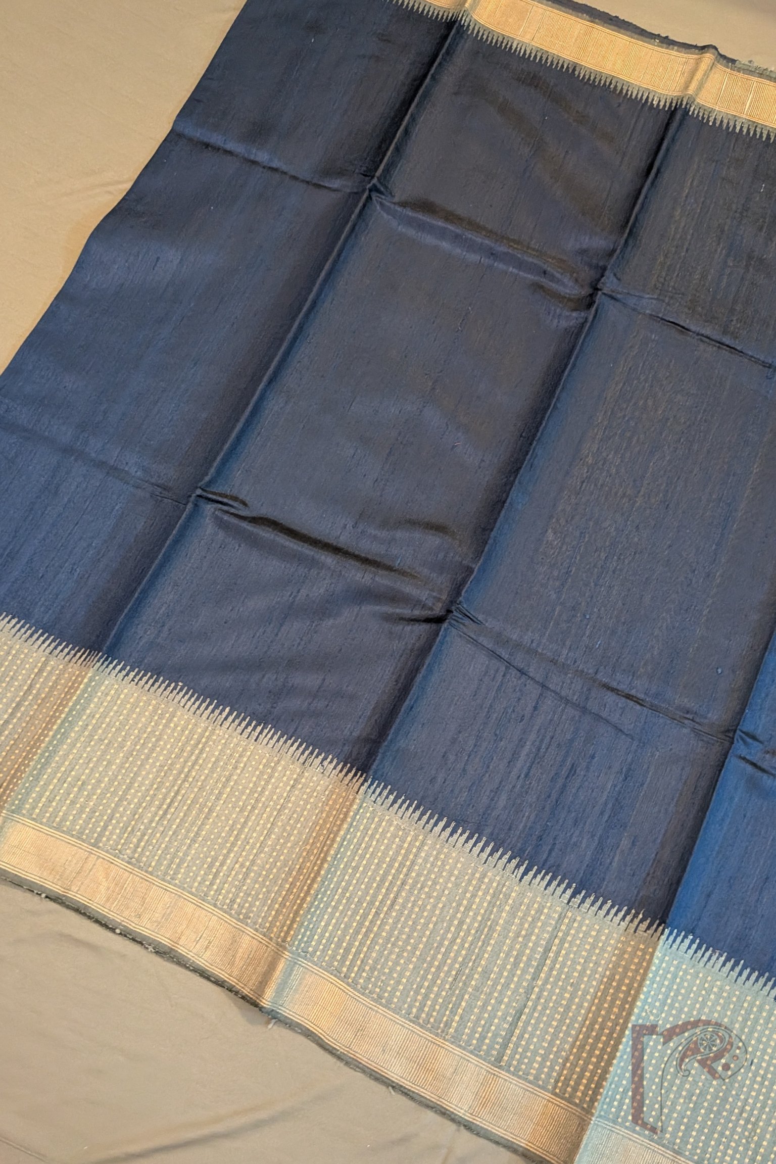 Tussar Tales - Blue Raw Silk Tussar Saree with Grey Border, Gold Booti Weave and Zari Wave Pallu - Image 6