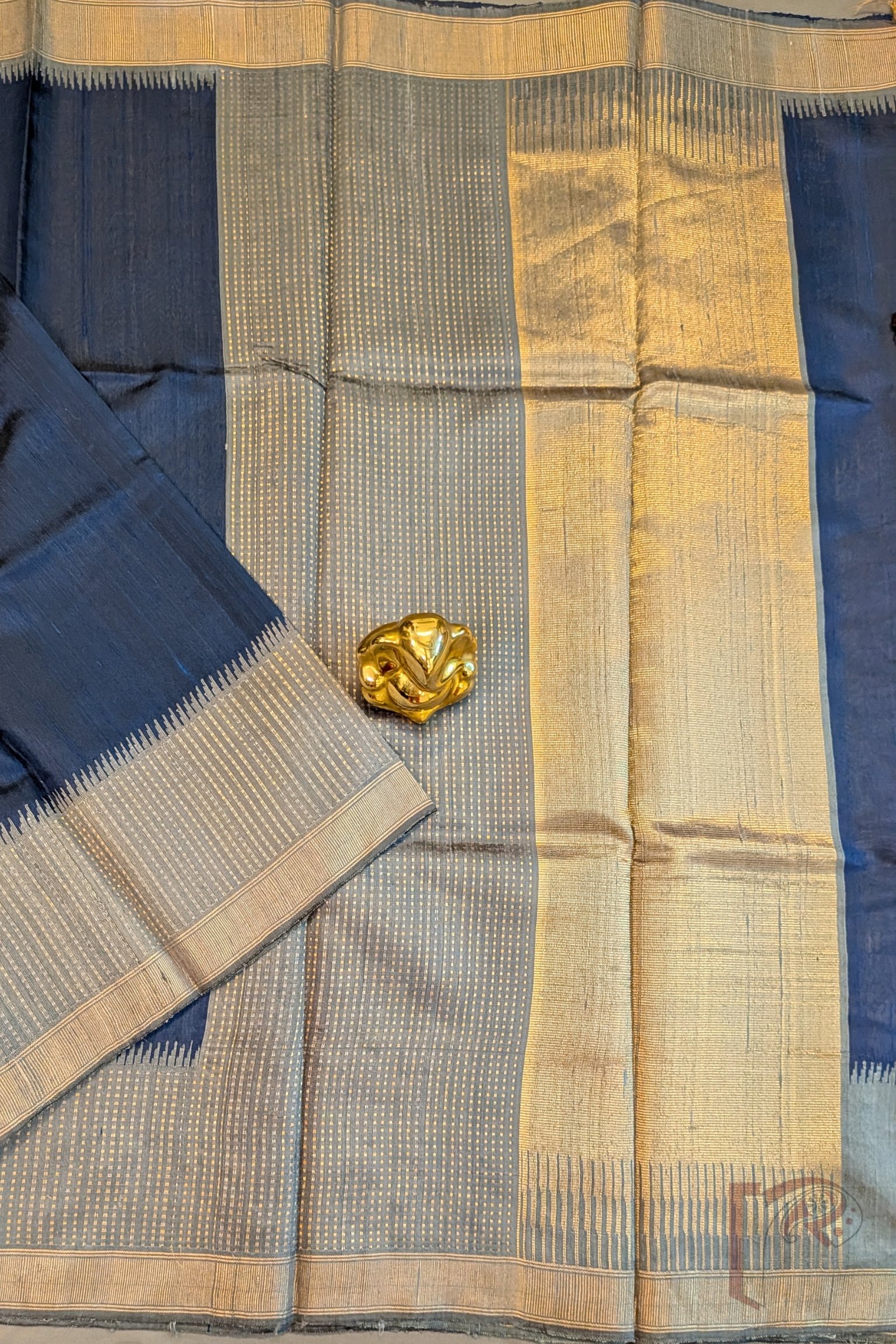 Tussar Tales - Blue Raw Silk Tussar Saree with Grey Border, Gold Booti Weave and Zari Wave Pallu - Image 7