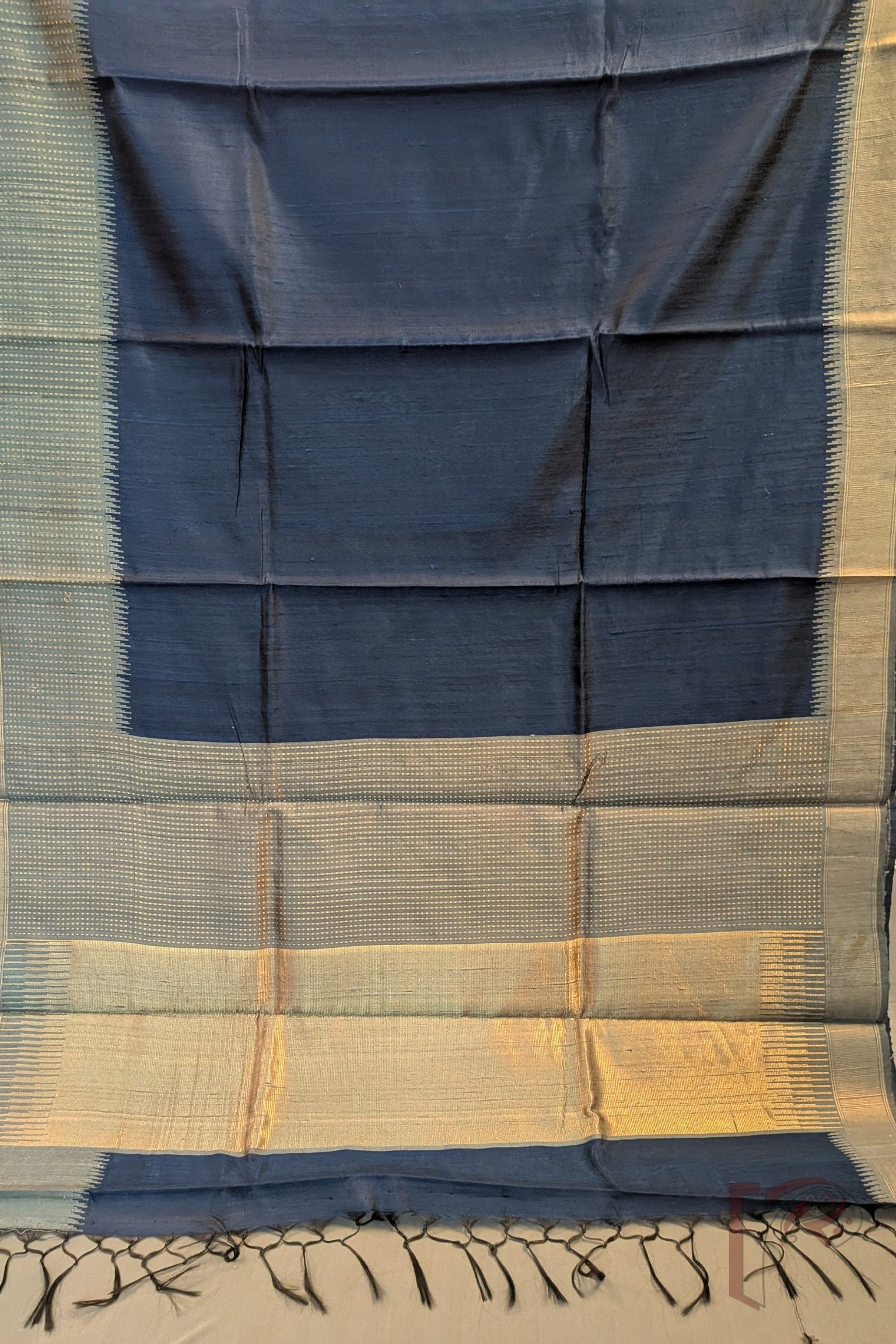 Tussar Tales - Blue Raw Silk Tussar Saree with Grey Border, Gold Booti Weave and Zari Wave Pallu - Image 8