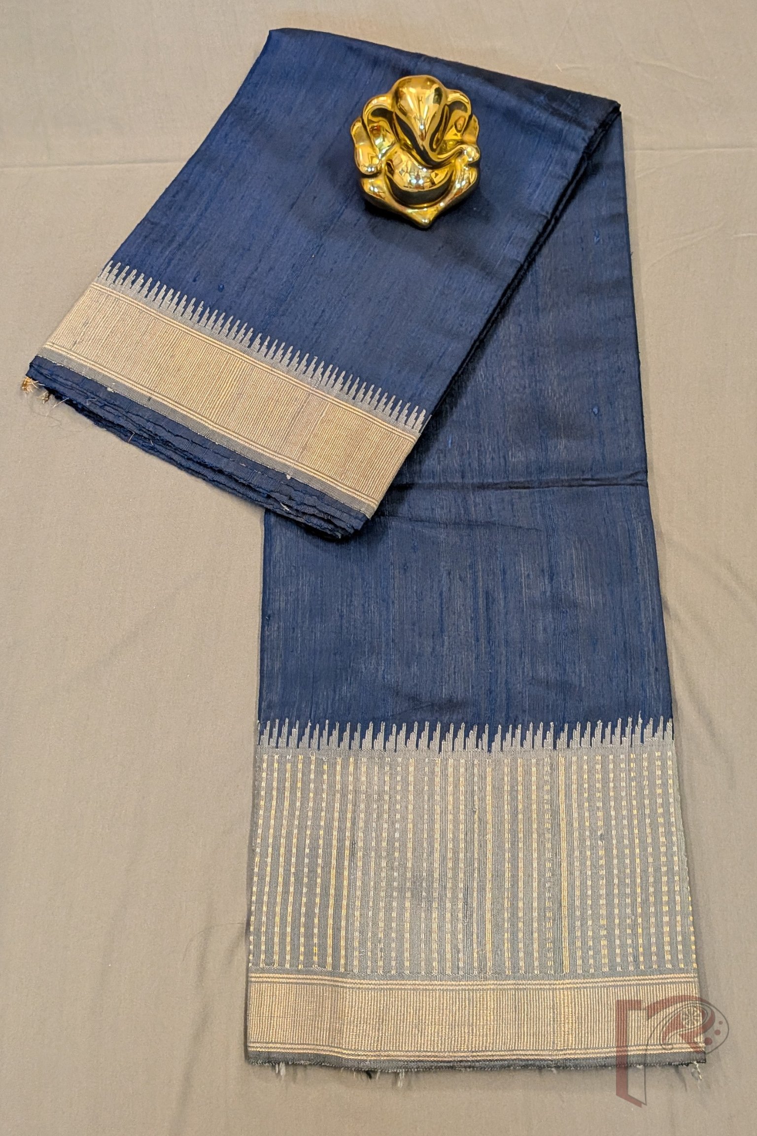 Tussar Tales - Blue Raw Silk Tussar Saree with Grey Border, Gold Booti Weave and Zari Wave Pallu - Image 9