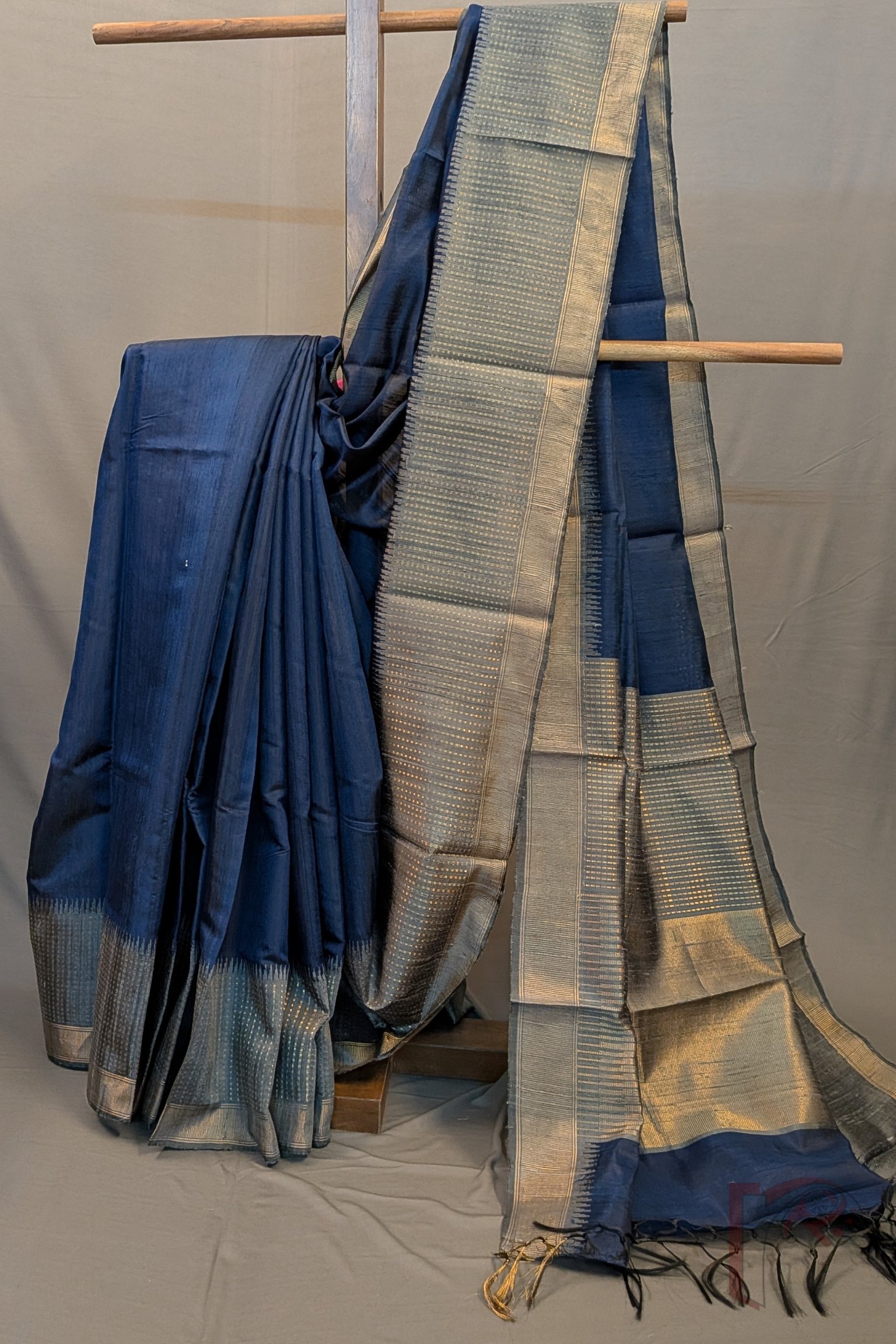 Tussar Tales - Blue Raw Silk Tussar Saree with Grey Border, Gold Booti Weave and Zari Wave Pallu