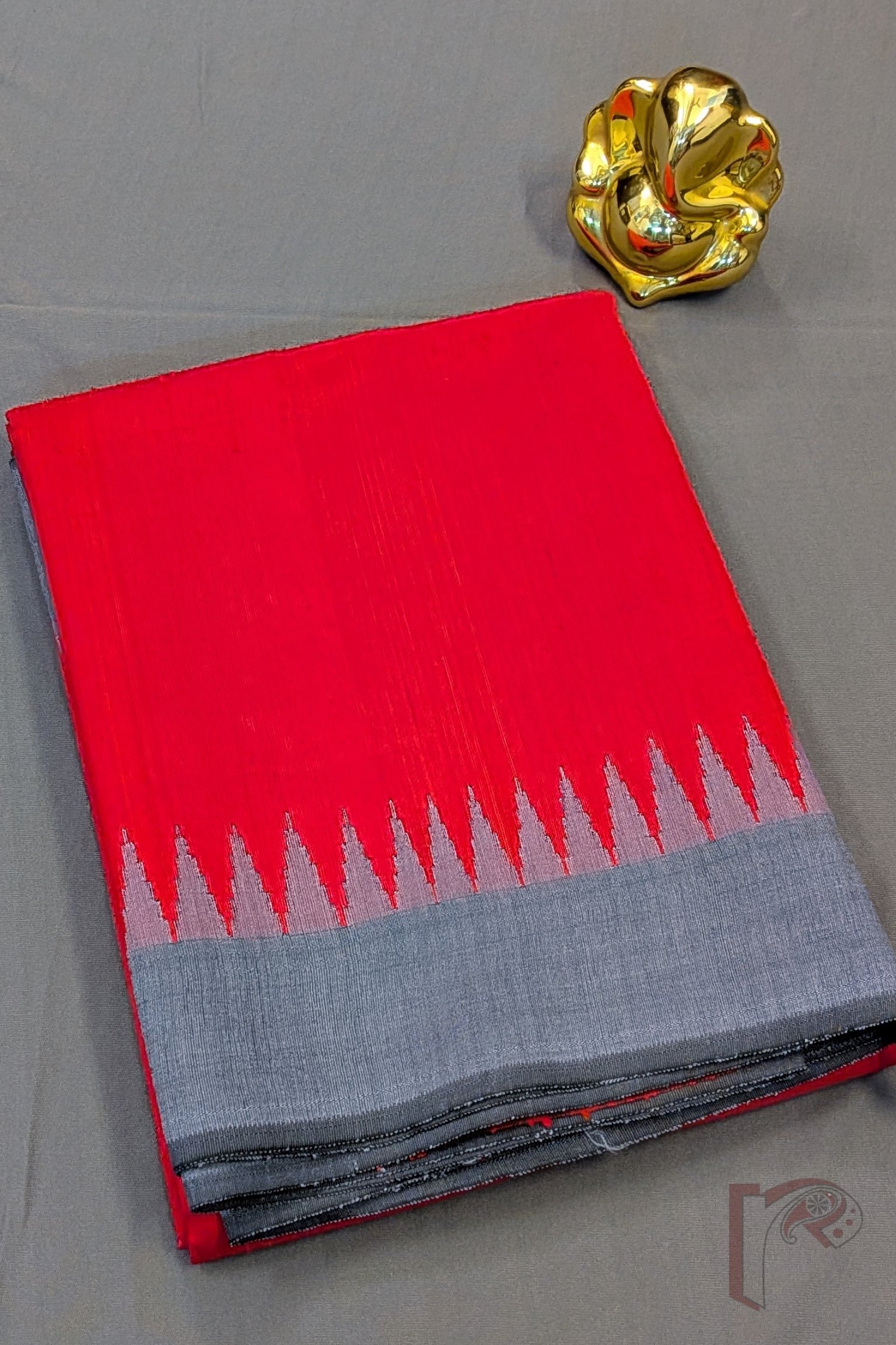 Tussar Tales - Bright Red Raw Silk Tussar Saree with Grey Temple Border and Gold Check Pallu - Image 10