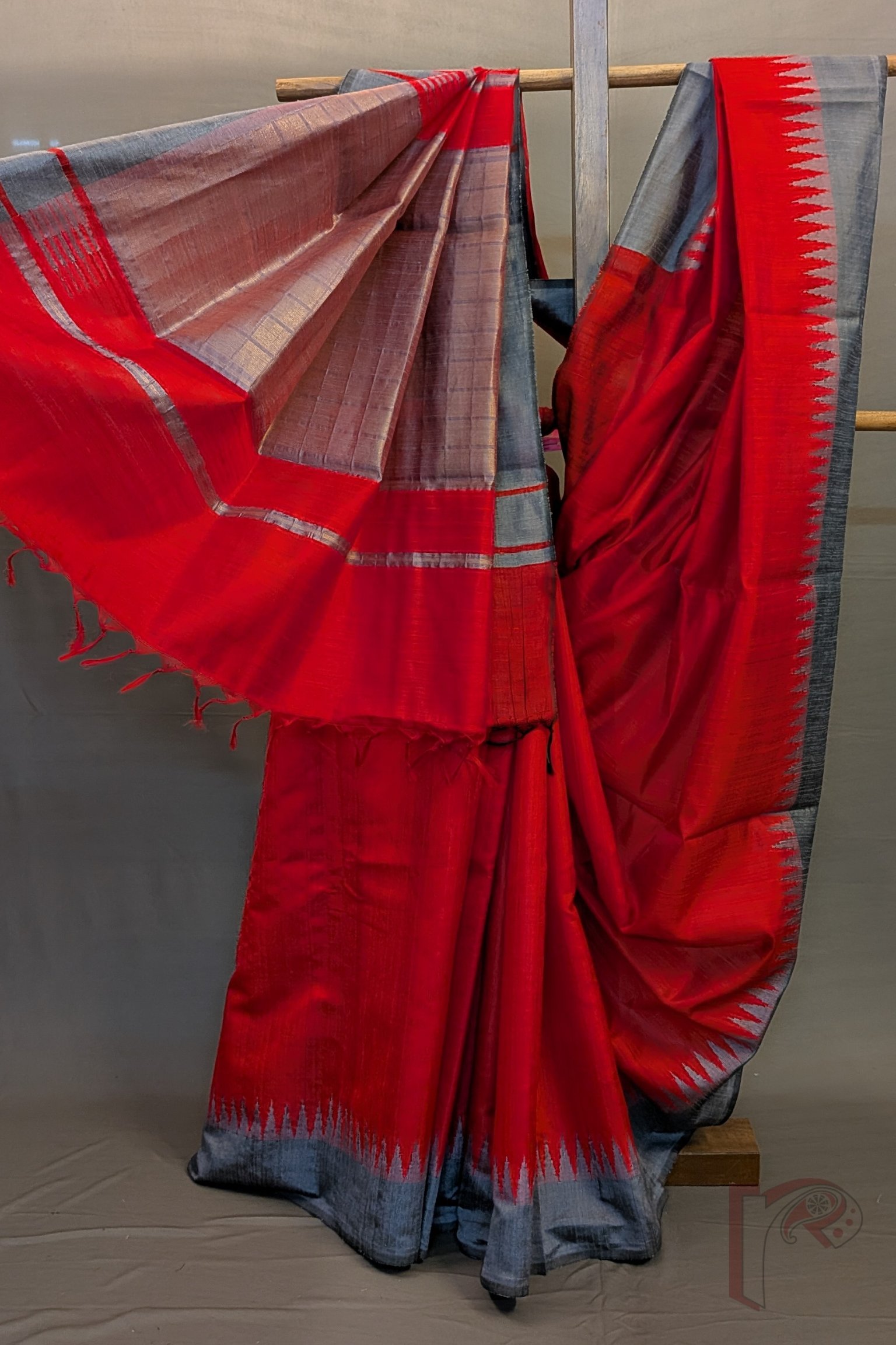 Tussar Tales - Bright Red Raw Silk Tussar Saree with Grey Temple Border and Gold Check Pallu - Image 2