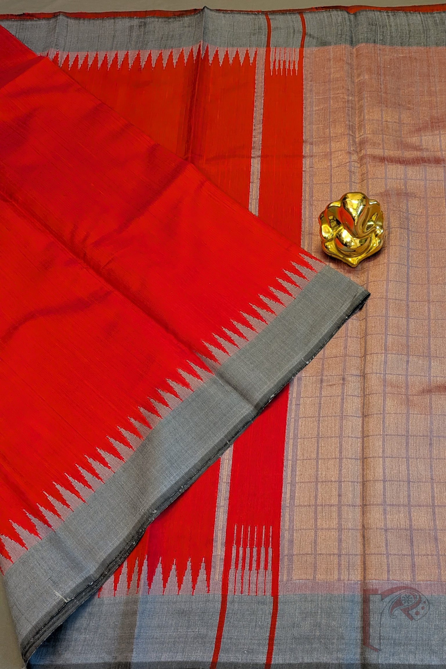 Tussar Tales - Bright Red Raw Silk Tussar Saree with Grey Temple Border and Gold Check Pallu - Image 3