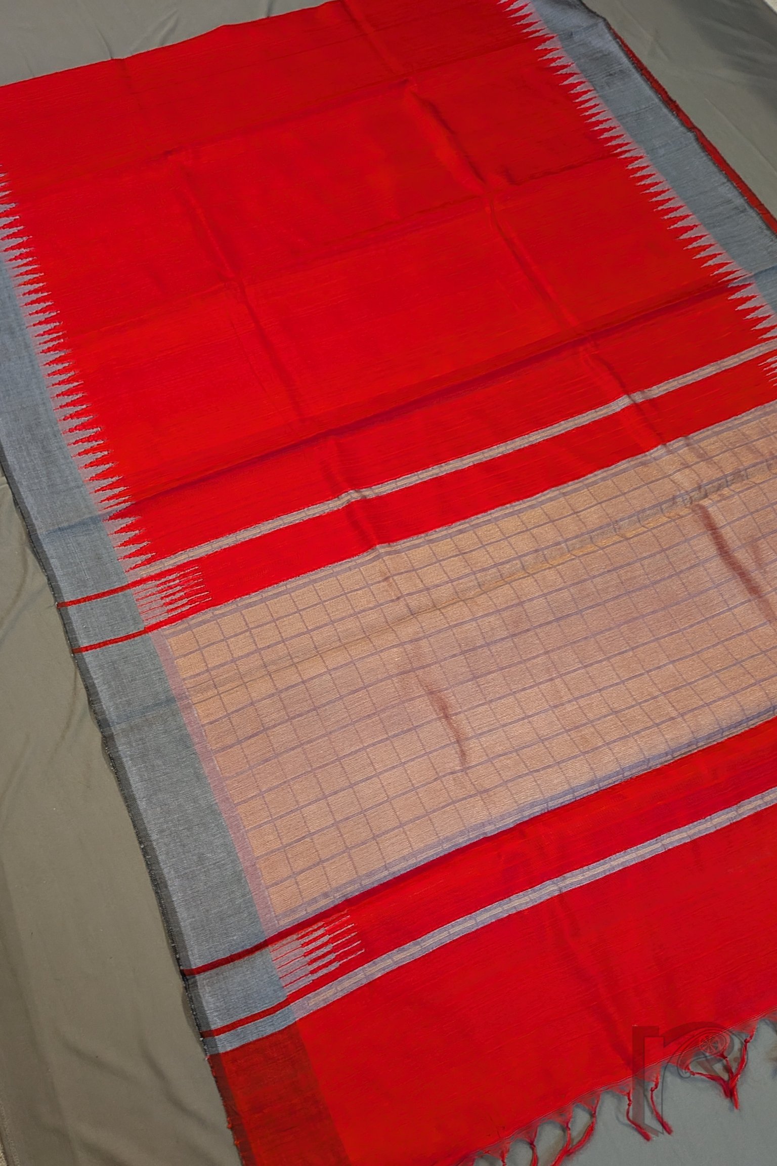 Tussar Tales - Bright Red Raw Silk Tussar Saree with Grey Temple Border and Gold Check Pallu - Image 4