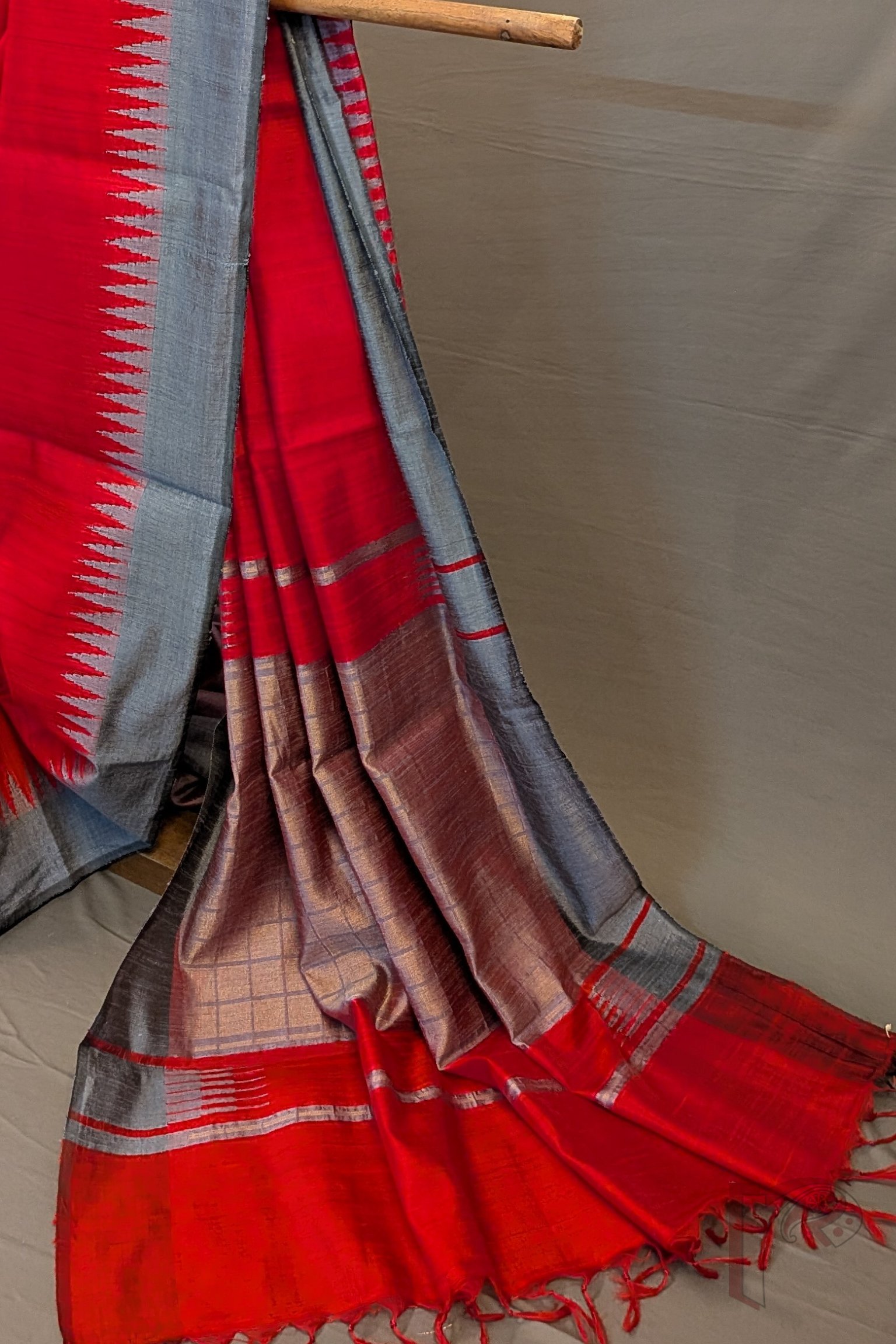Tussar Tales - Bright Red Raw Silk Tussar Saree with Grey Temple Border and Gold Check Pallu - Image 5