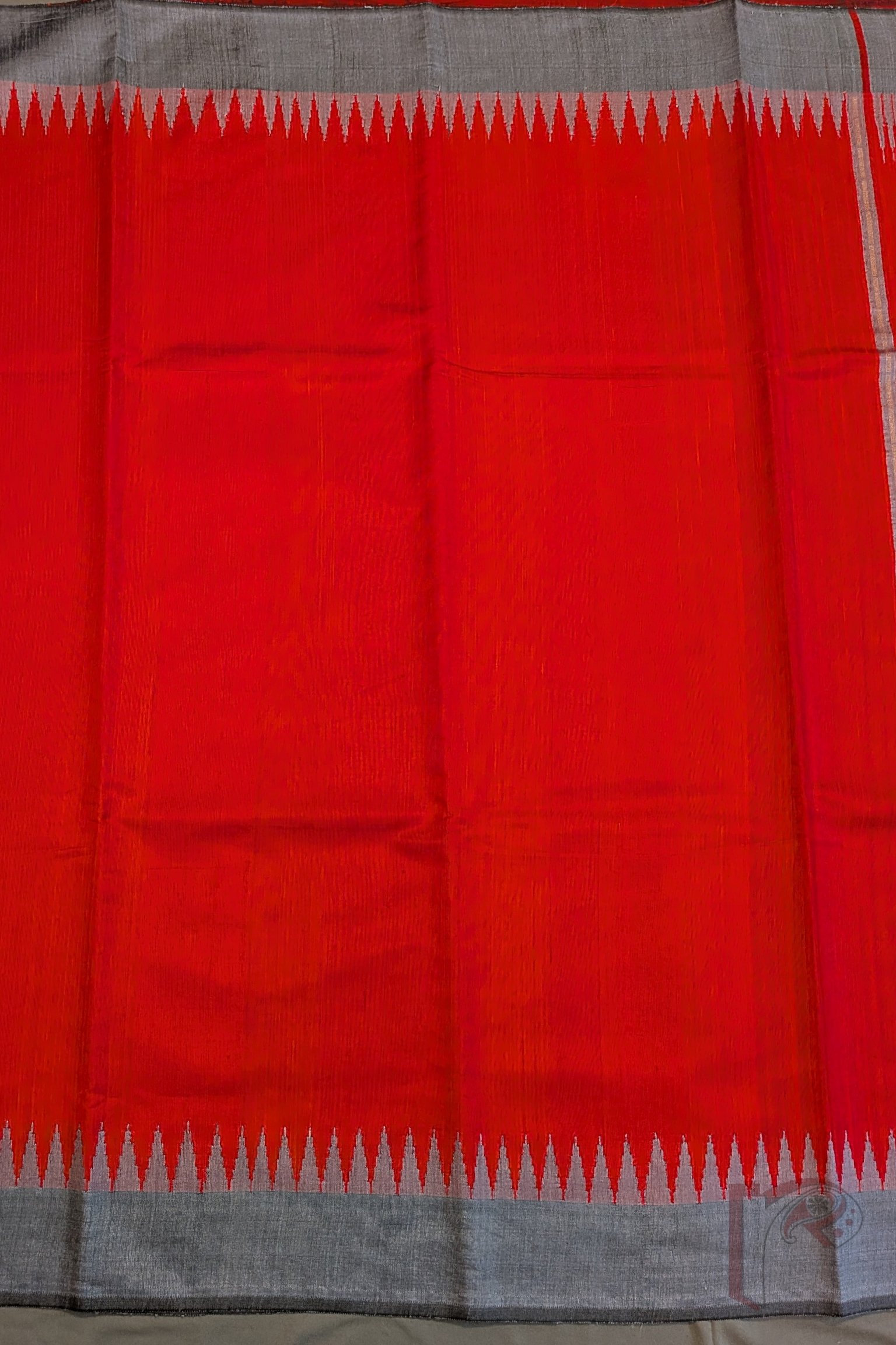 Tussar Tales - Bright Red Raw Silk Tussar Saree with Grey Temple Border and Gold Check Pallu - Image 6