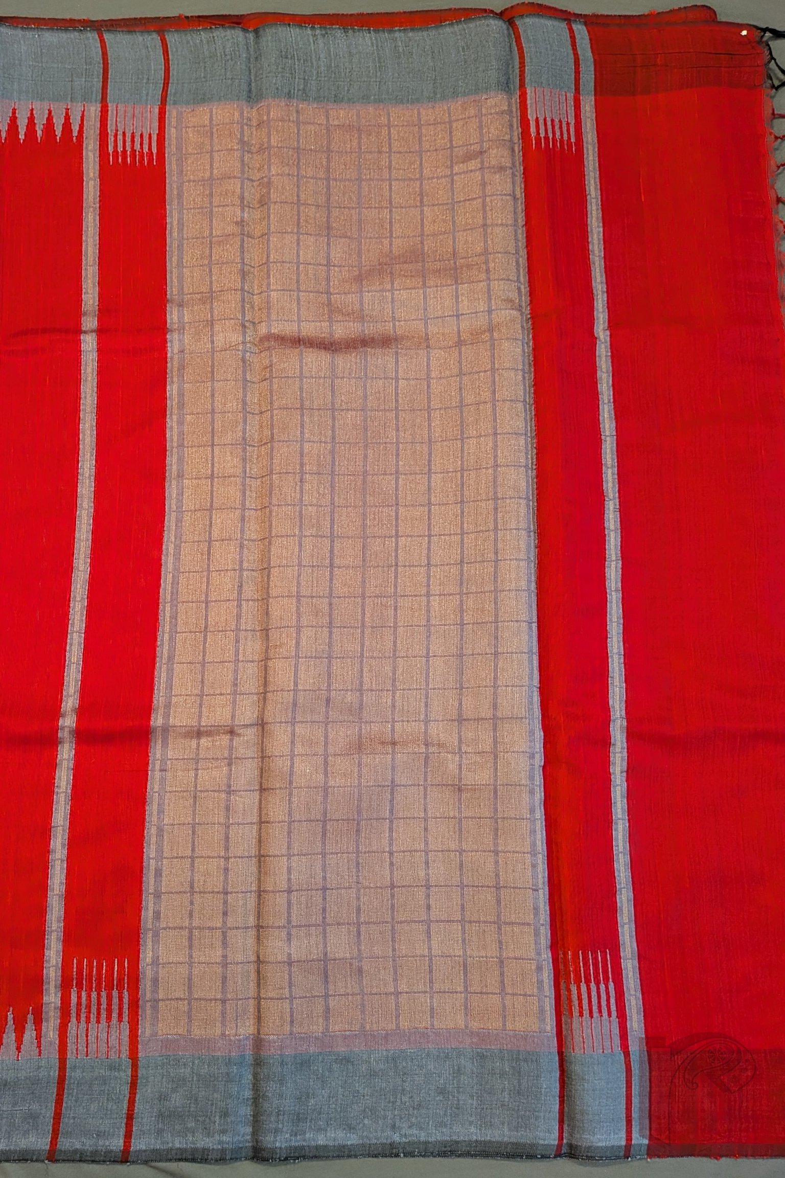 Tussar Tales - Bright Red Raw Silk Tussar Saree with Grey Temple Border and Gold Check Pallu - Image 7