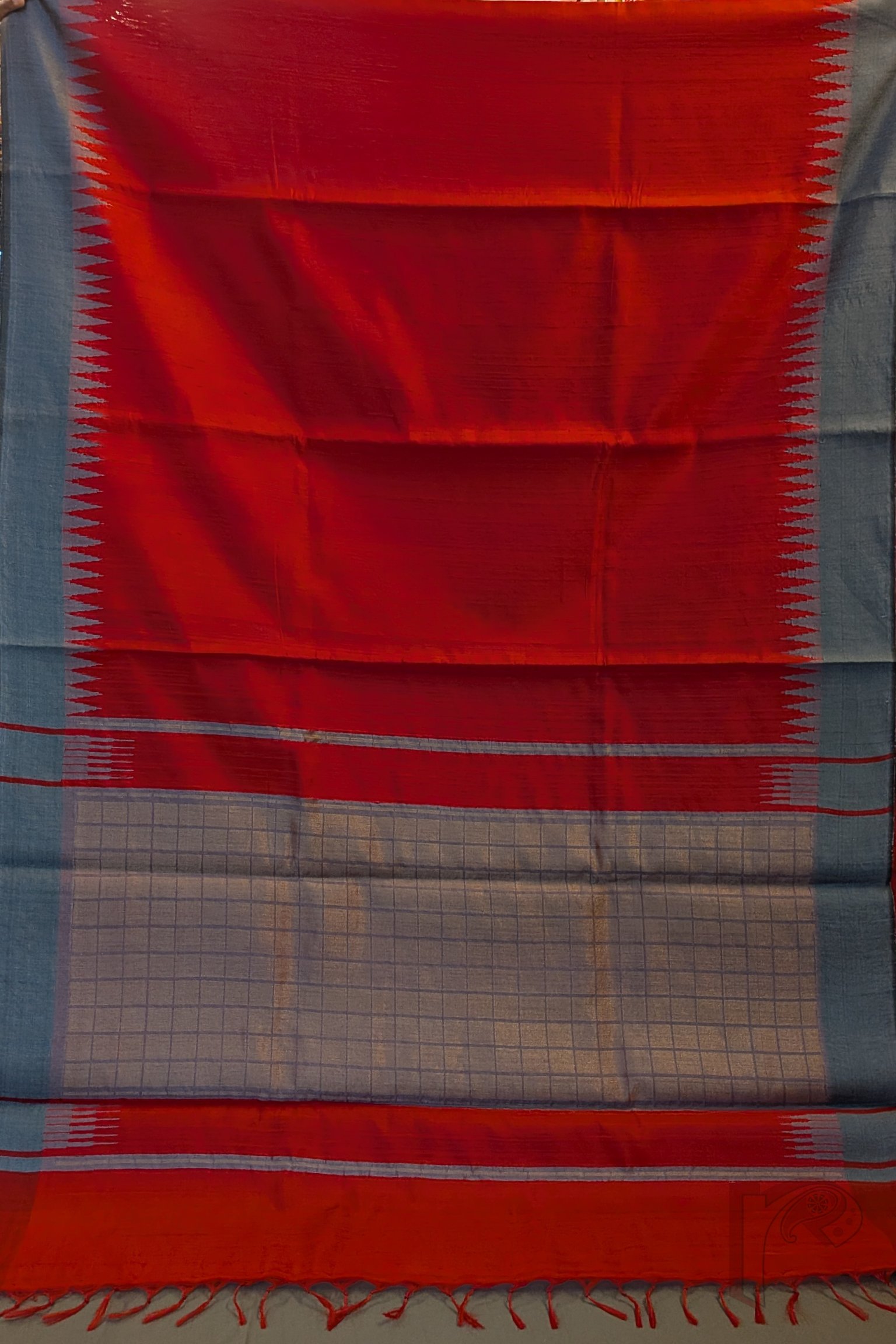Tussar Tales - Bright Red Raw Silk Tussar Saree with Grey Temple Border and Gold Check Pallu - Image 8