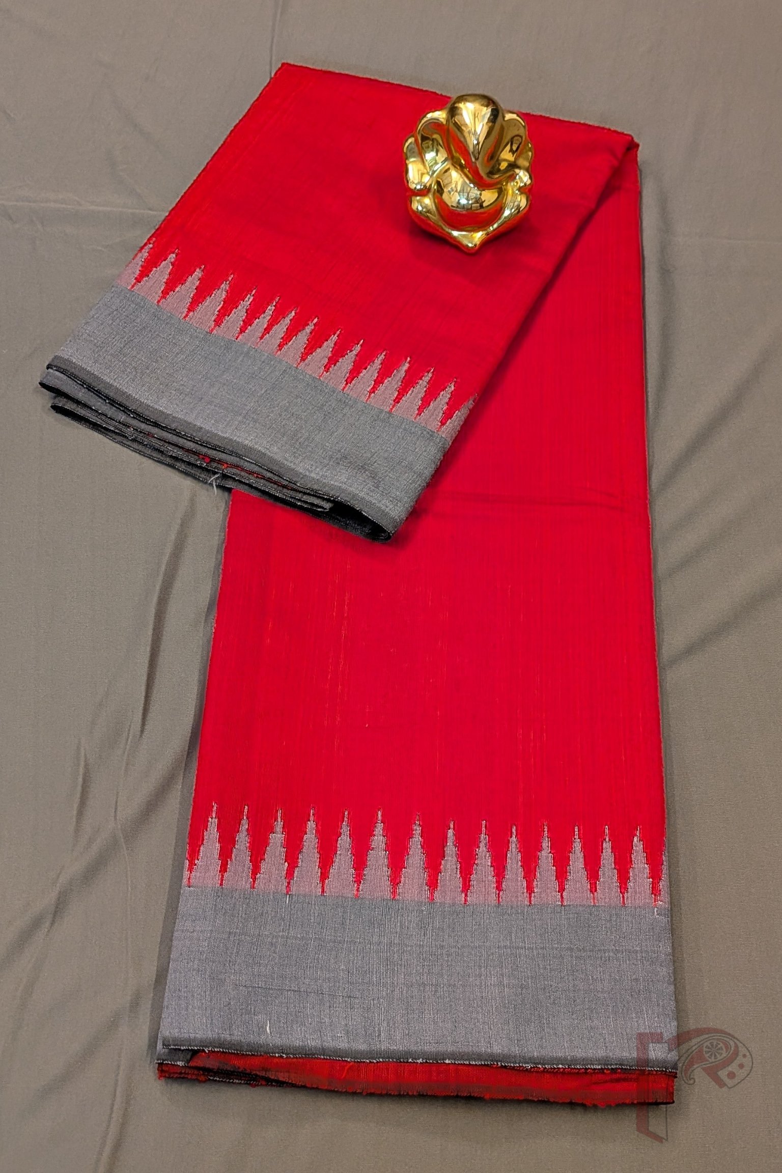 Tussar Tales - Bright Red Raw Silk Tussar Saree with Grey Temple Border and Gold Check Pallu - Image 9