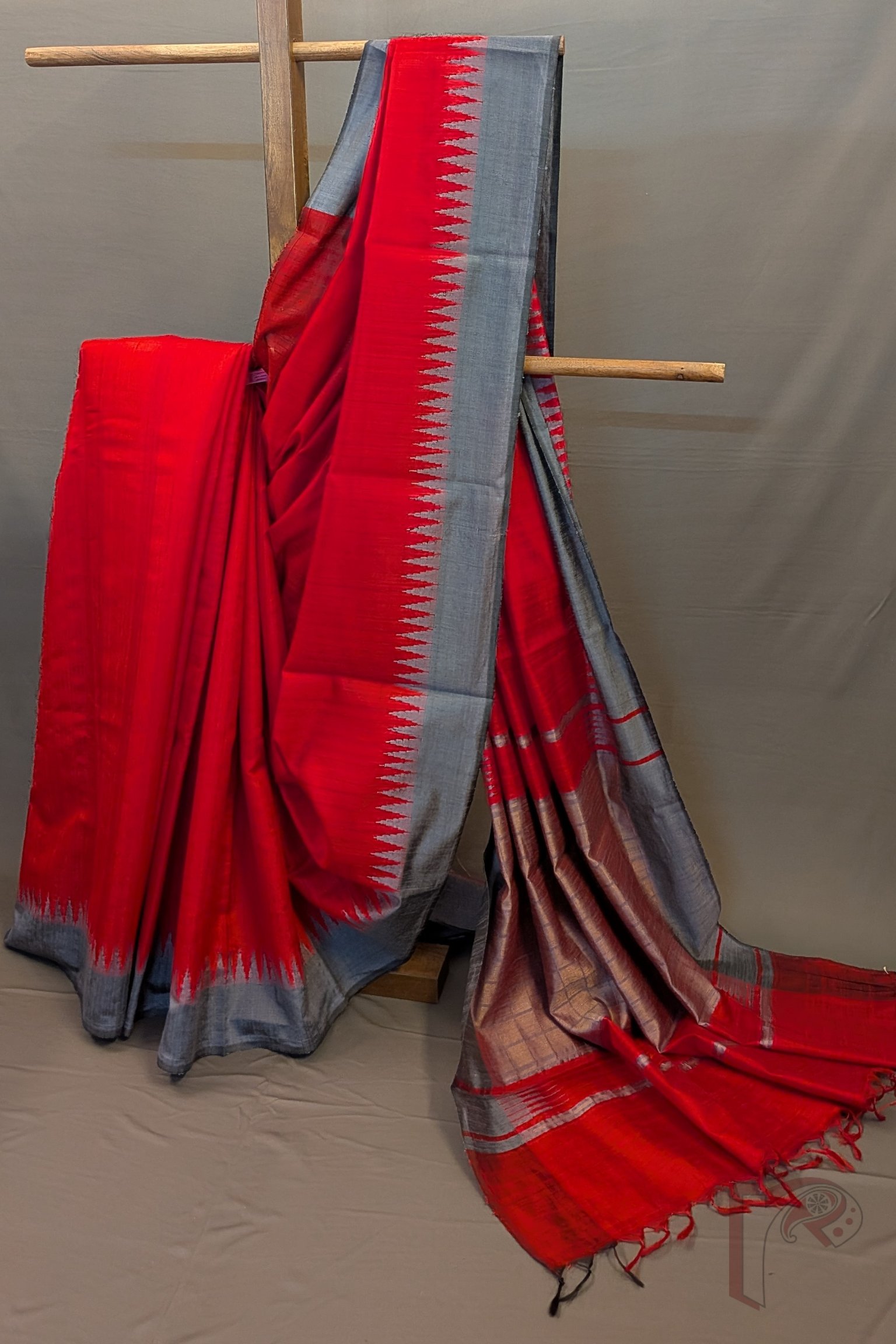 Tussar Tales - Bright Red Raw Silk Tussar Saree with Grey Temple Border and Gold Check Pallu