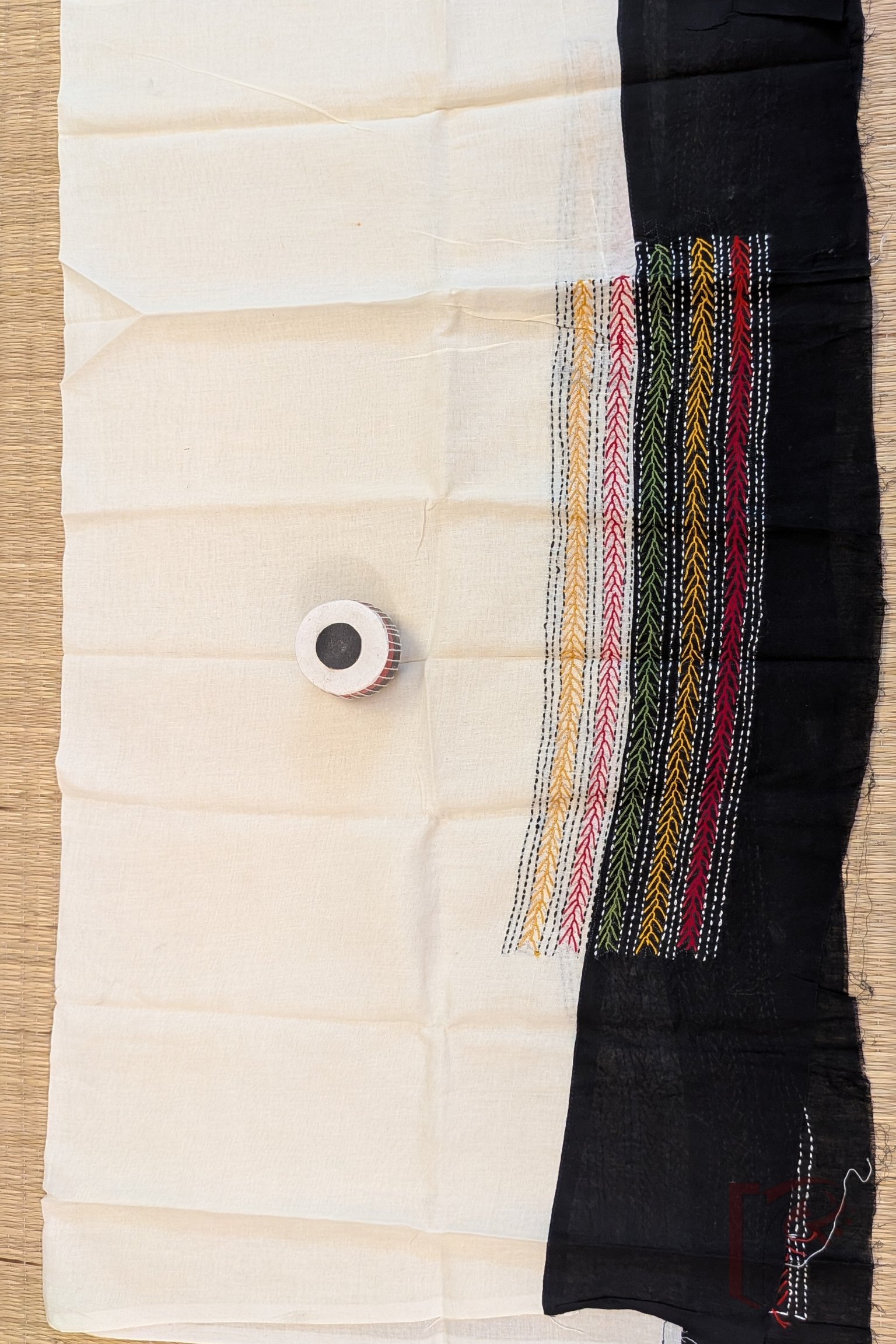 Half White Cotton Unstitched Blouse Piece with Black Attached Border and Multicolour Hand Embroidery - Image 2