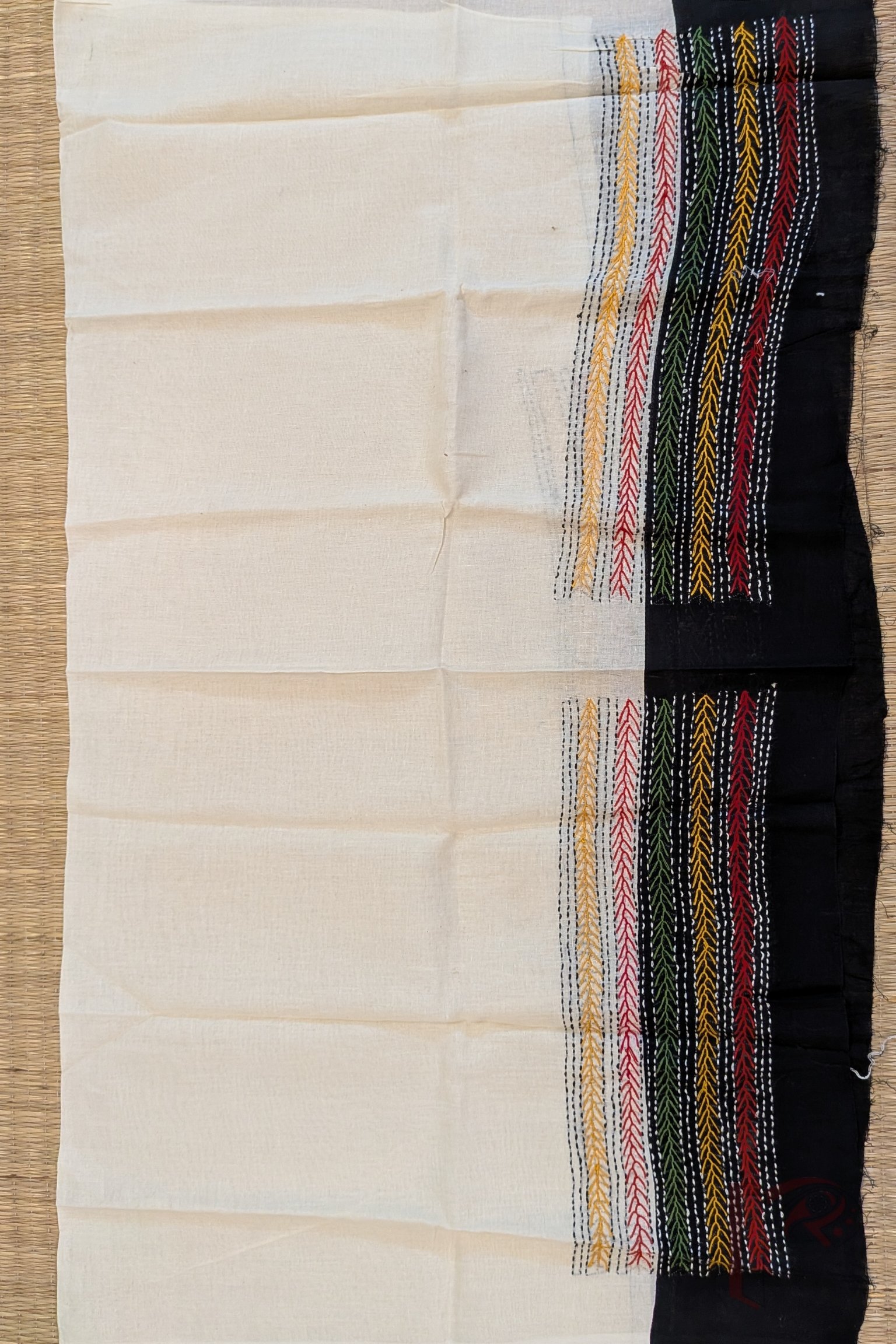 Half White Cotton Unstitched Blouse Piece with Black Attached Border and Multicolour Hand Embroidery - Image 3