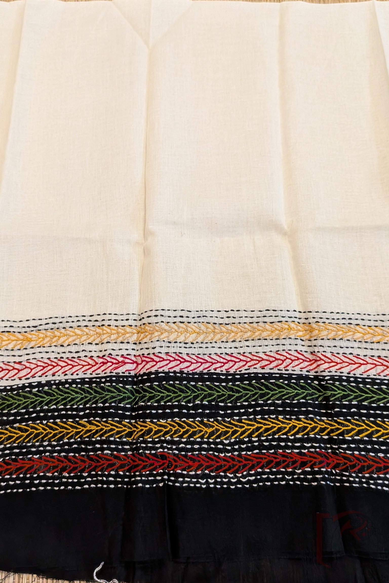 Half White Cotton Unstitched Blouse Piece with Black Attached Border and Multicolour Hand Embroidery - Image 4