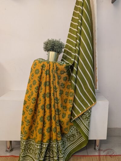 Mulmul Muse – Mango Yellow and Leaf Green Mul Cotton Saree with Dotted Geometric Floral Grid and Broad Green Border